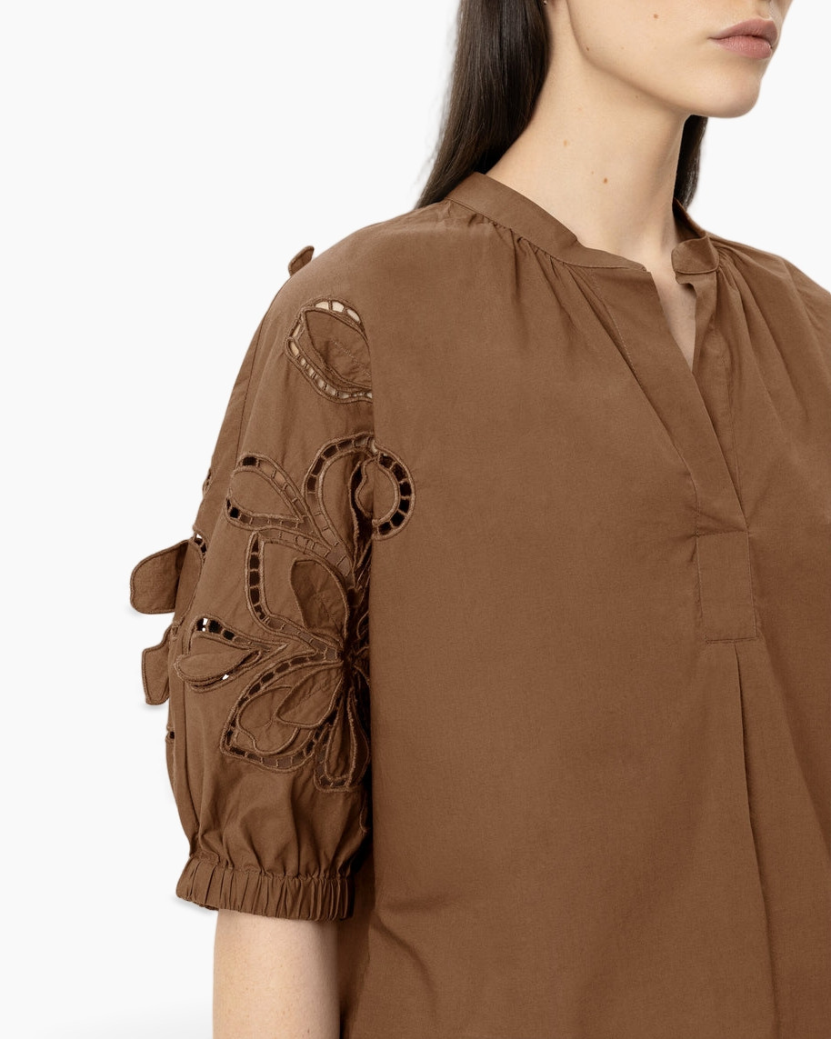 bruin, blouse, borduurwerk, Korte mouw, plooien/details