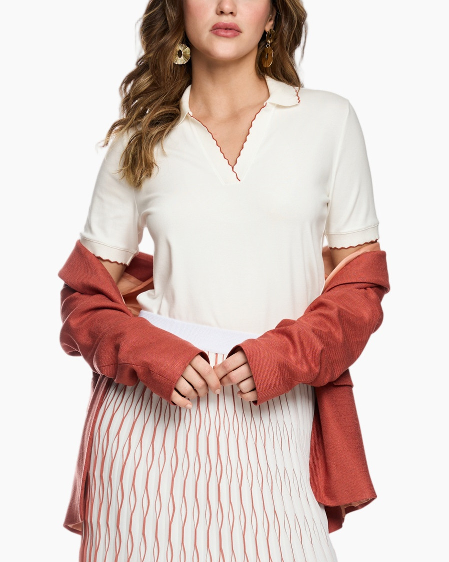 polo shirt, short sleeves, white, scalloped edge, corset cardigan