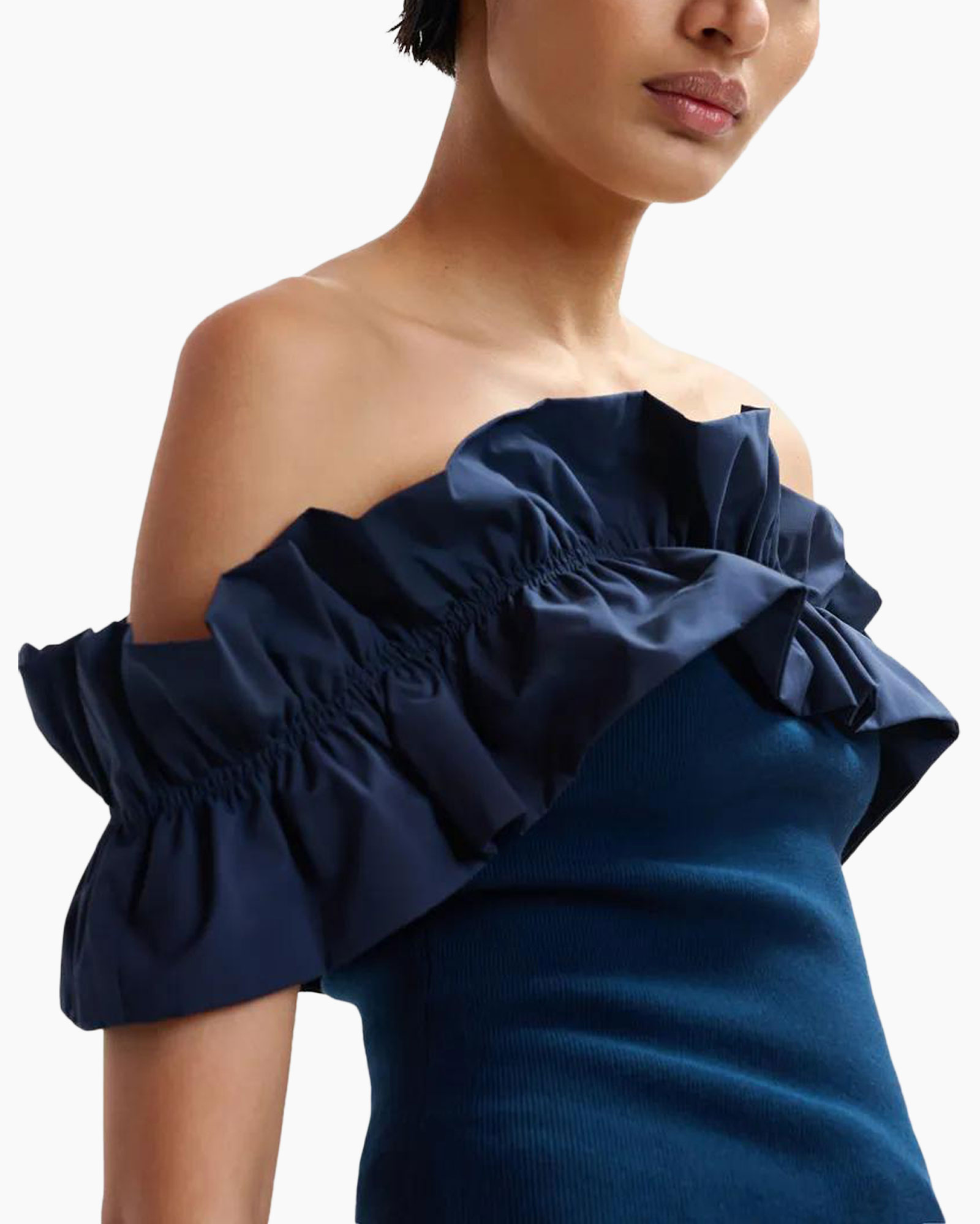 off-shoulder, ruffle, navy, top, dress-yoke