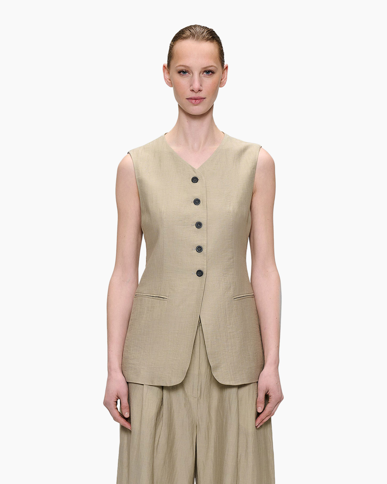 beige vest, sleeveless vest, buttoned vest, front pockets, linen-like fabric