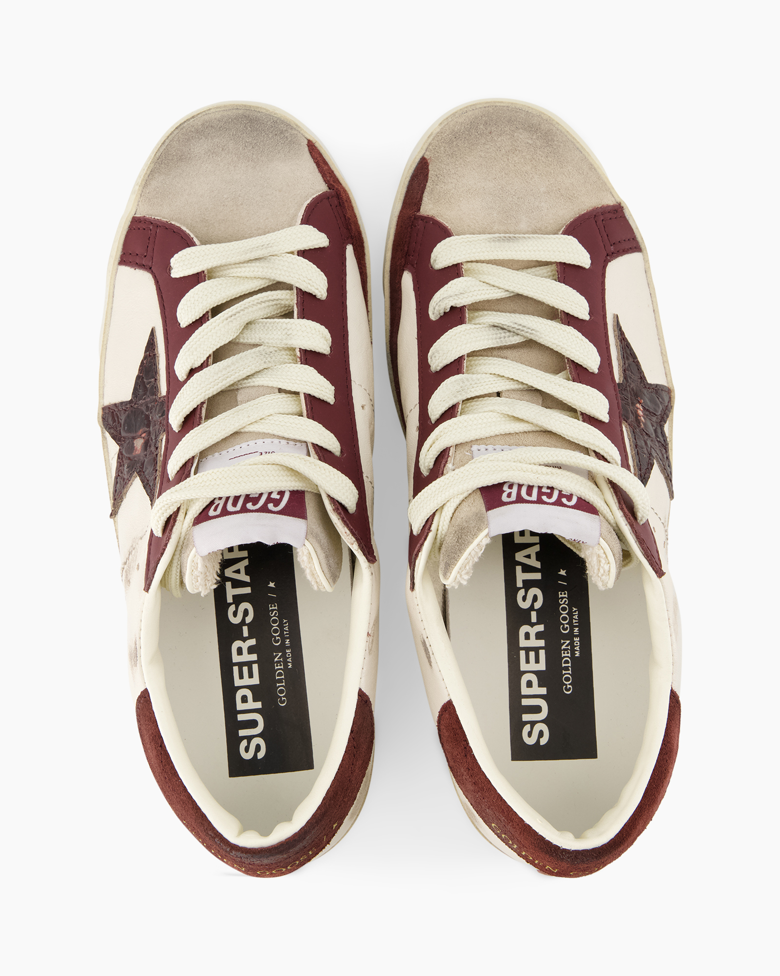 sneakers, hoge-tops, logo-loos, vetersluiting, tweekleurig bordeaux