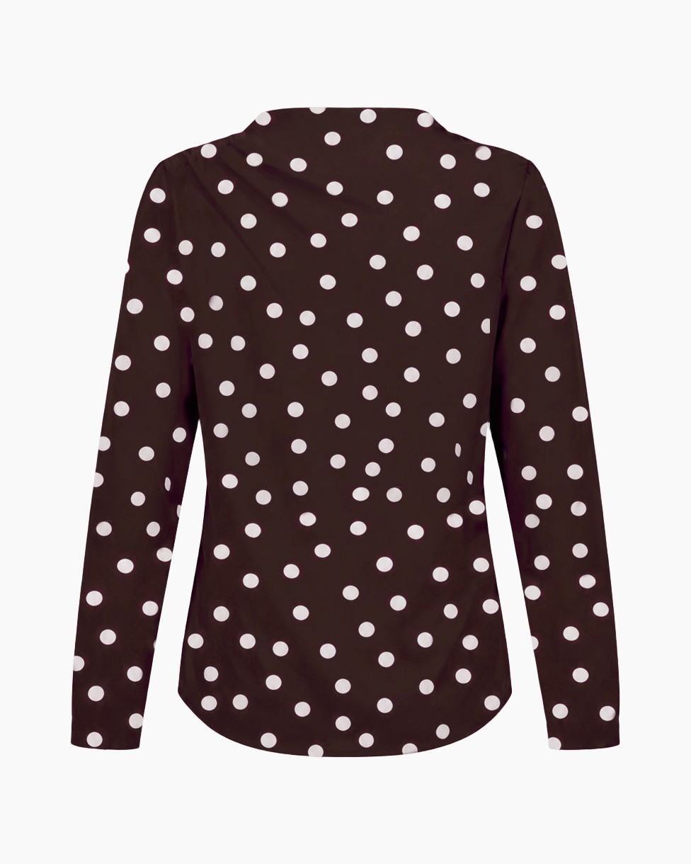 blouse met lange mouwen, stippenpatroon, donkerbruin, witte stippen