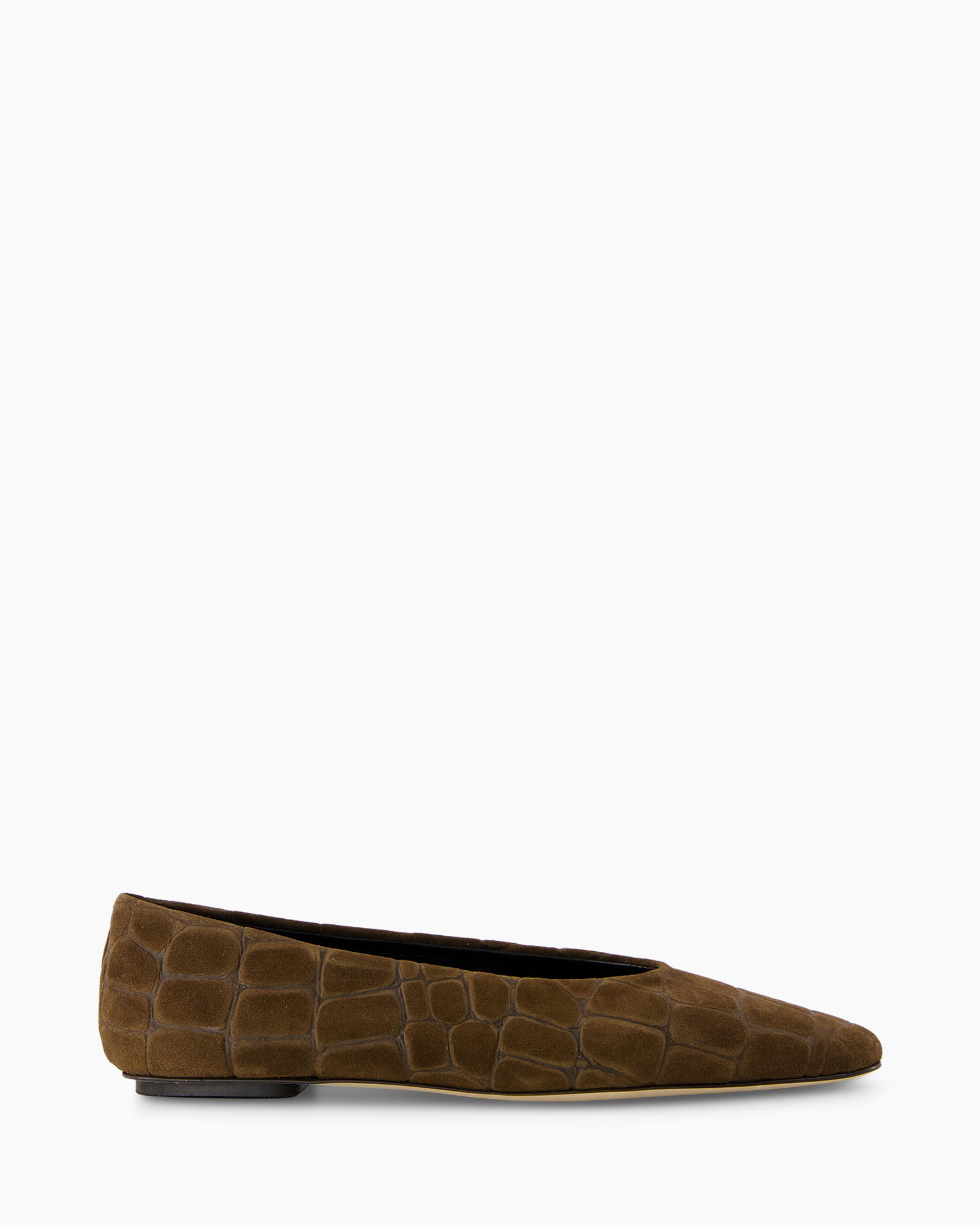 schoen flat, ballet flat, bruin suède, krokodillenhuid patroon, damesschoen