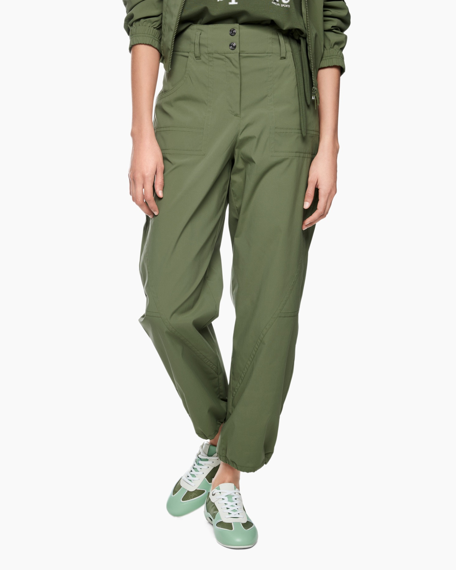 pants, cargo pants, olive green, elastic hem, zipper pocket