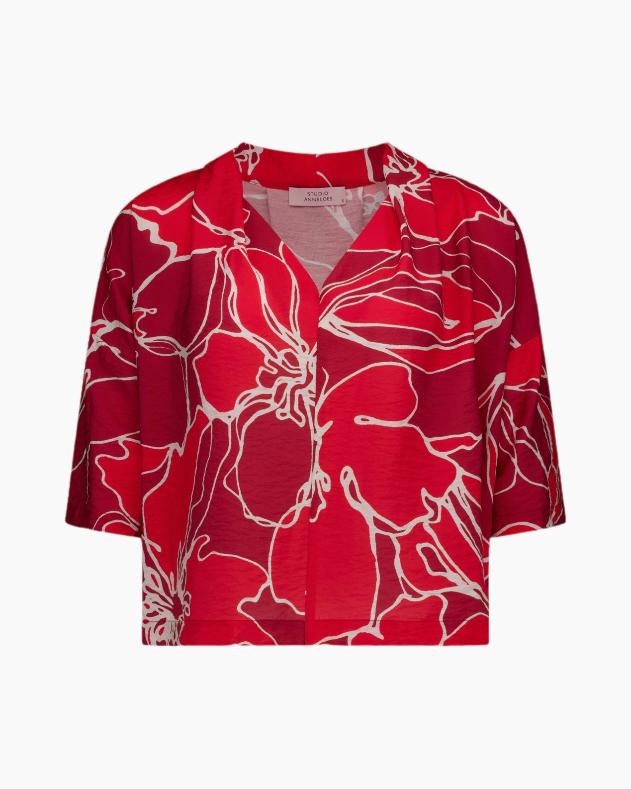 kimono, korte mouw, rood, bloemenpatroon, open voorkant
