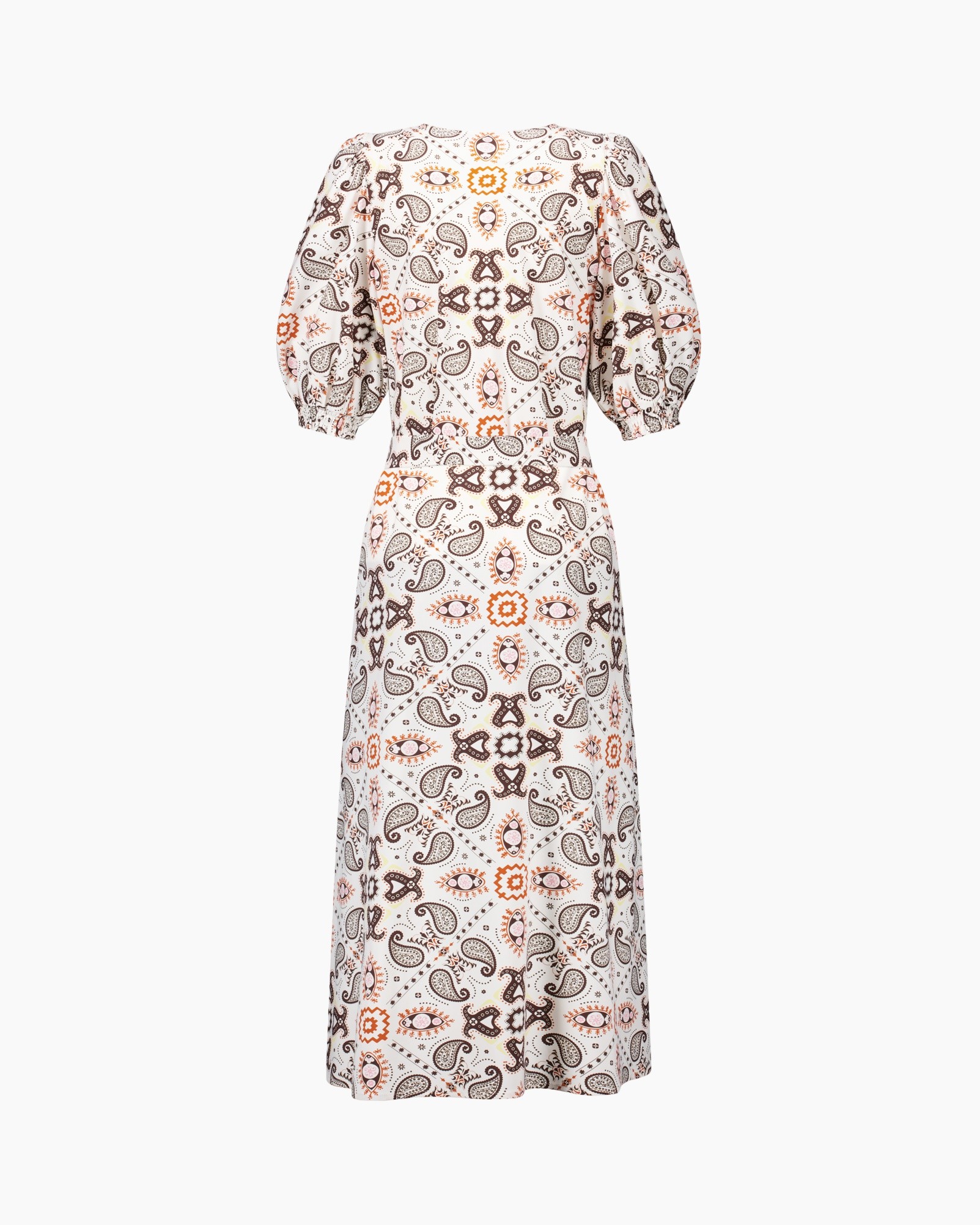 jurk, paisley, midi lengte, korte pofmouwen, geprint patroon