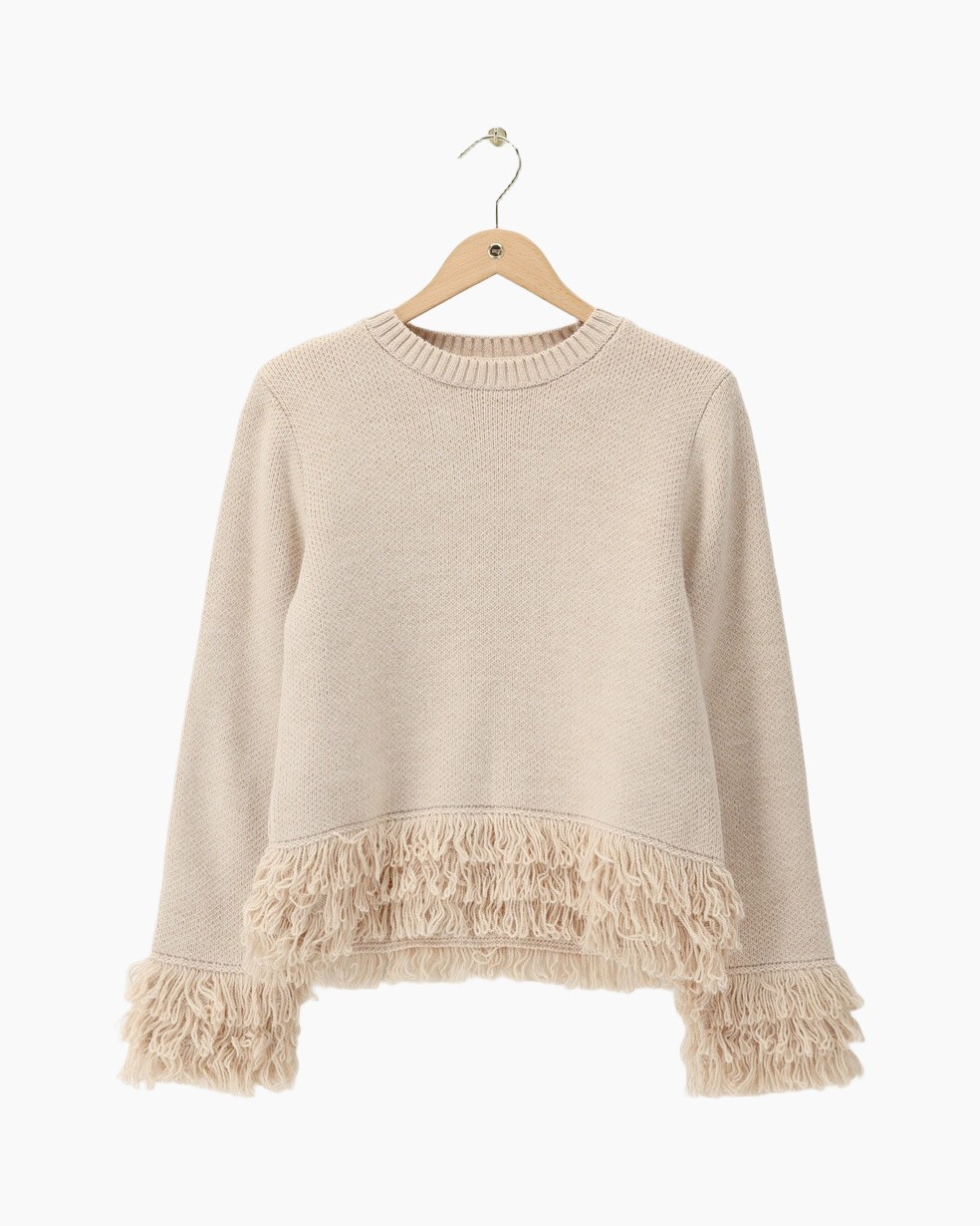 beige trui, brei bovenstuk, franje zoom, lange mouwen, kraag neck