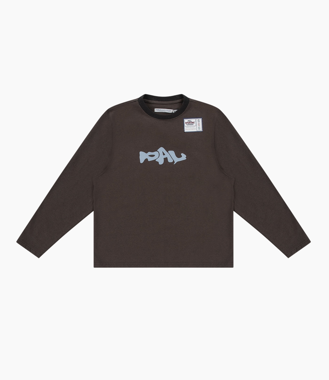 lange mouwen, bruin, cruyneck, grafisch, etiket patch