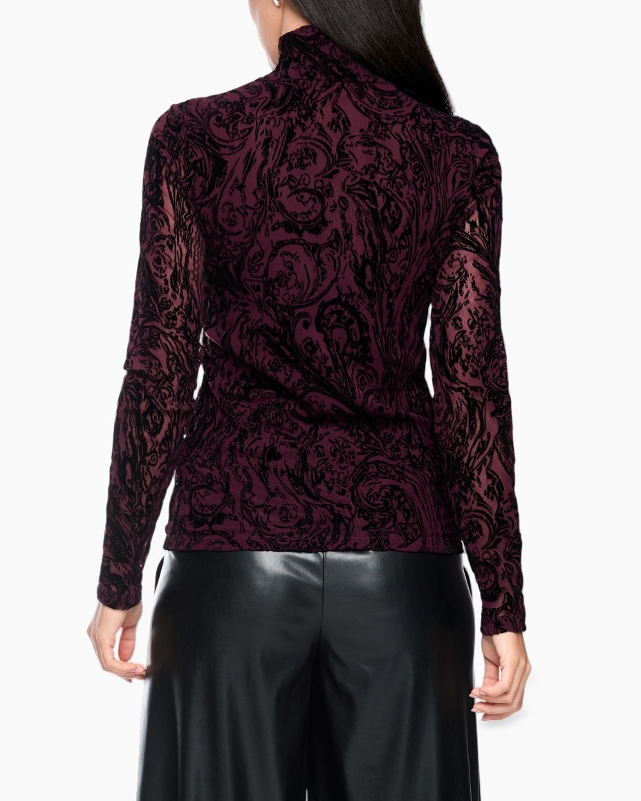 velveteen, kantenstof, burgundrood, lange mouwen, top