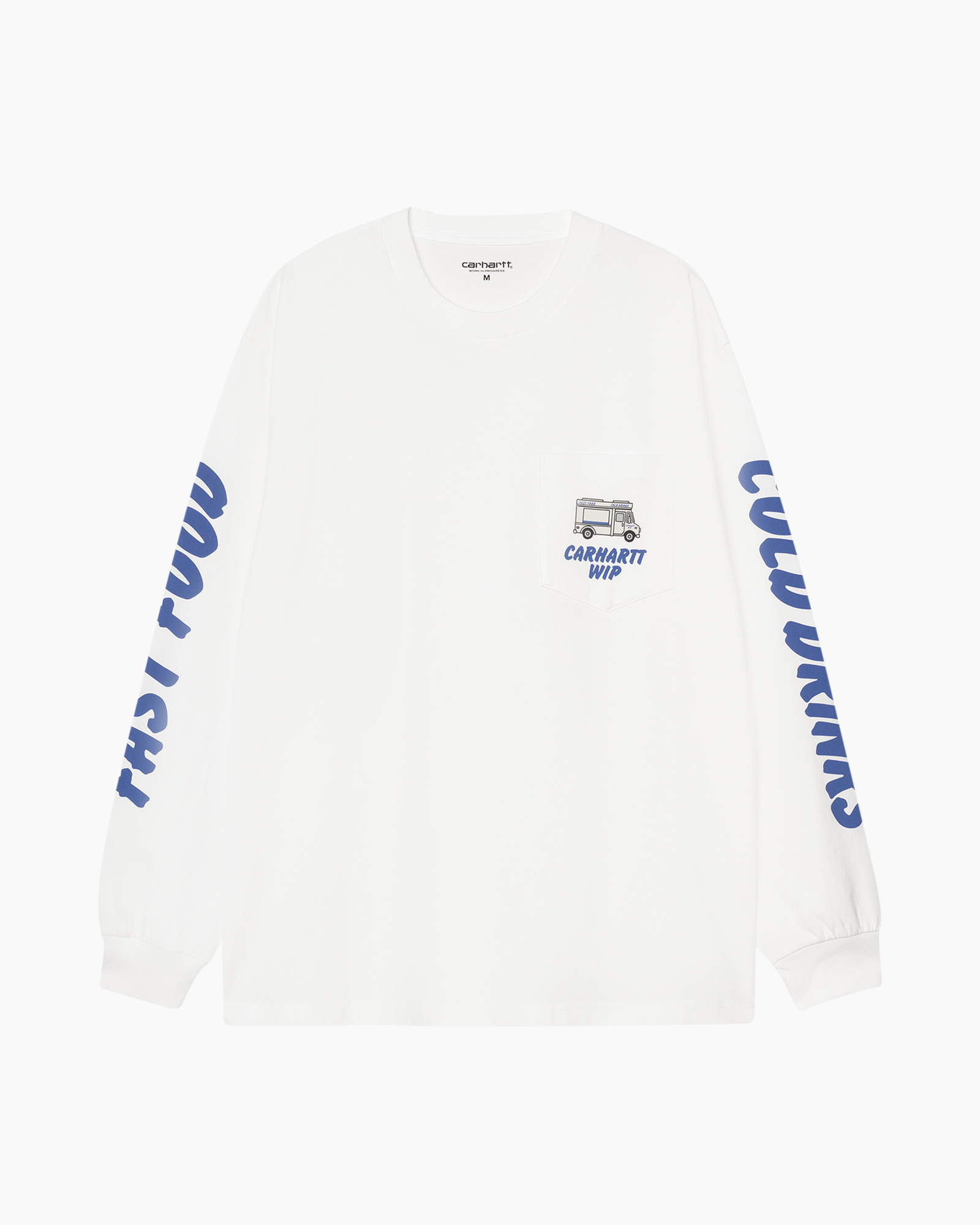 longsleeve, white, graphic, pocket, blue text