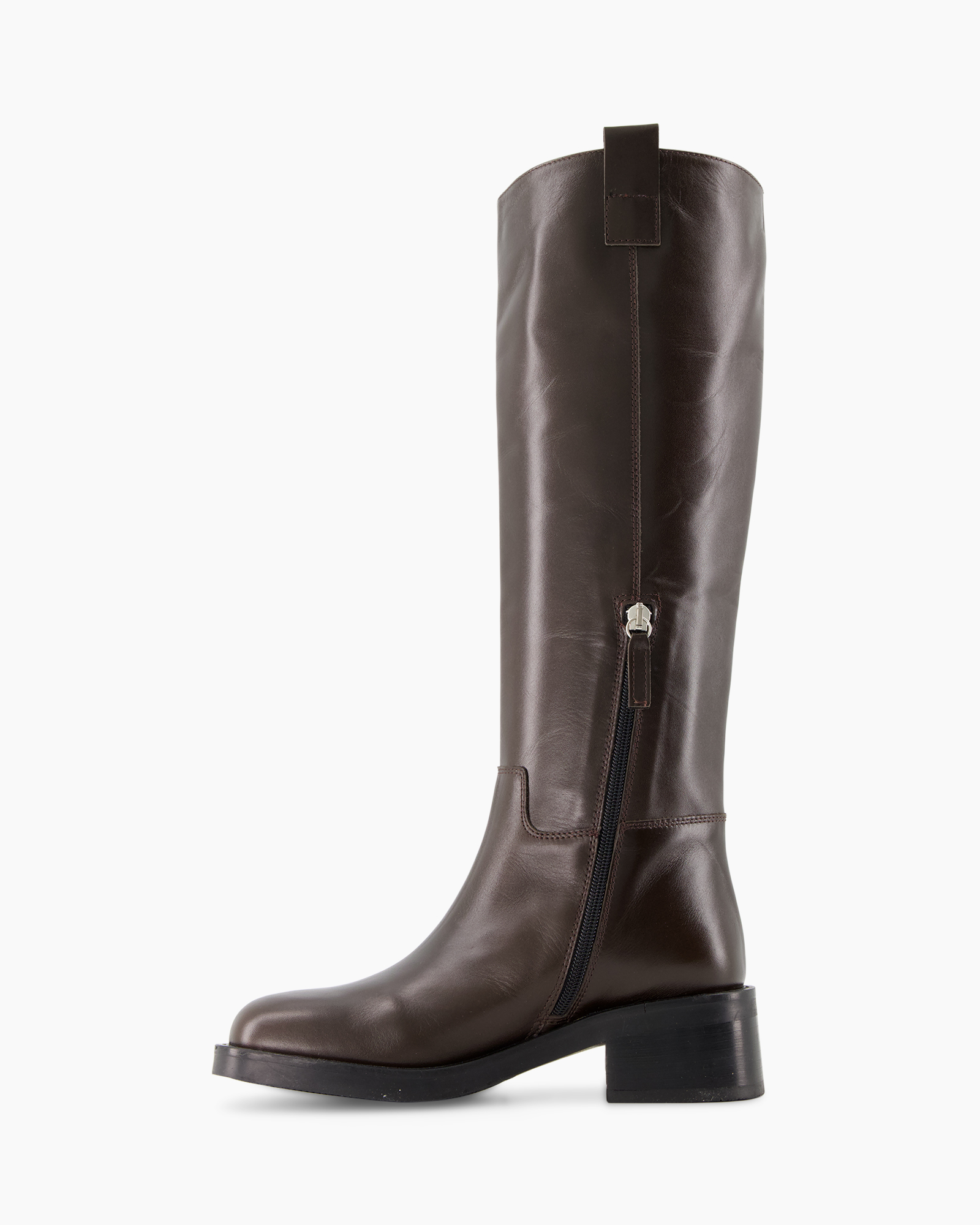 schoen, knee-high boot, leer, bruin, gordel/ritssluiting