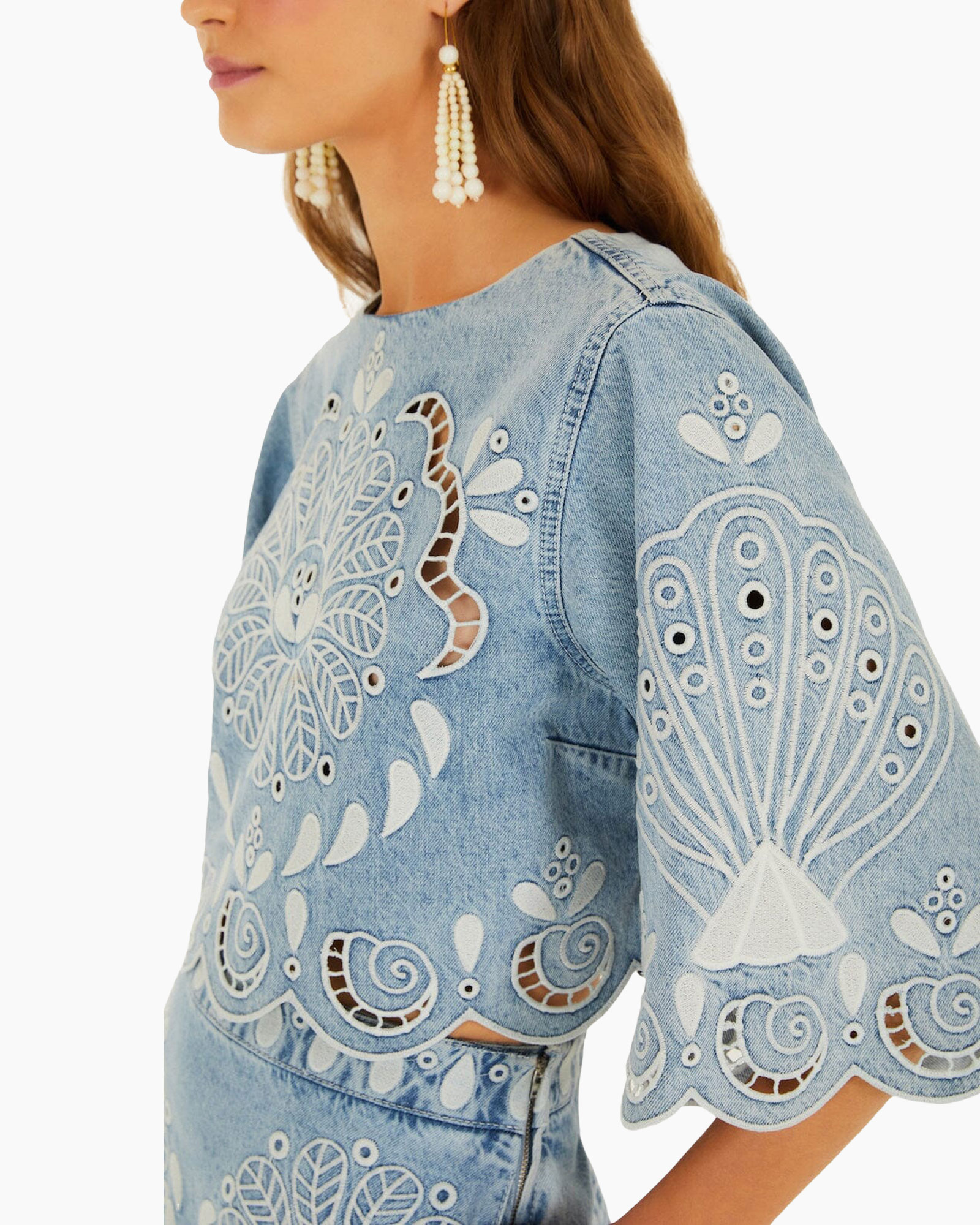 denim, embroidered, blue, short sleeve, paisley pattern