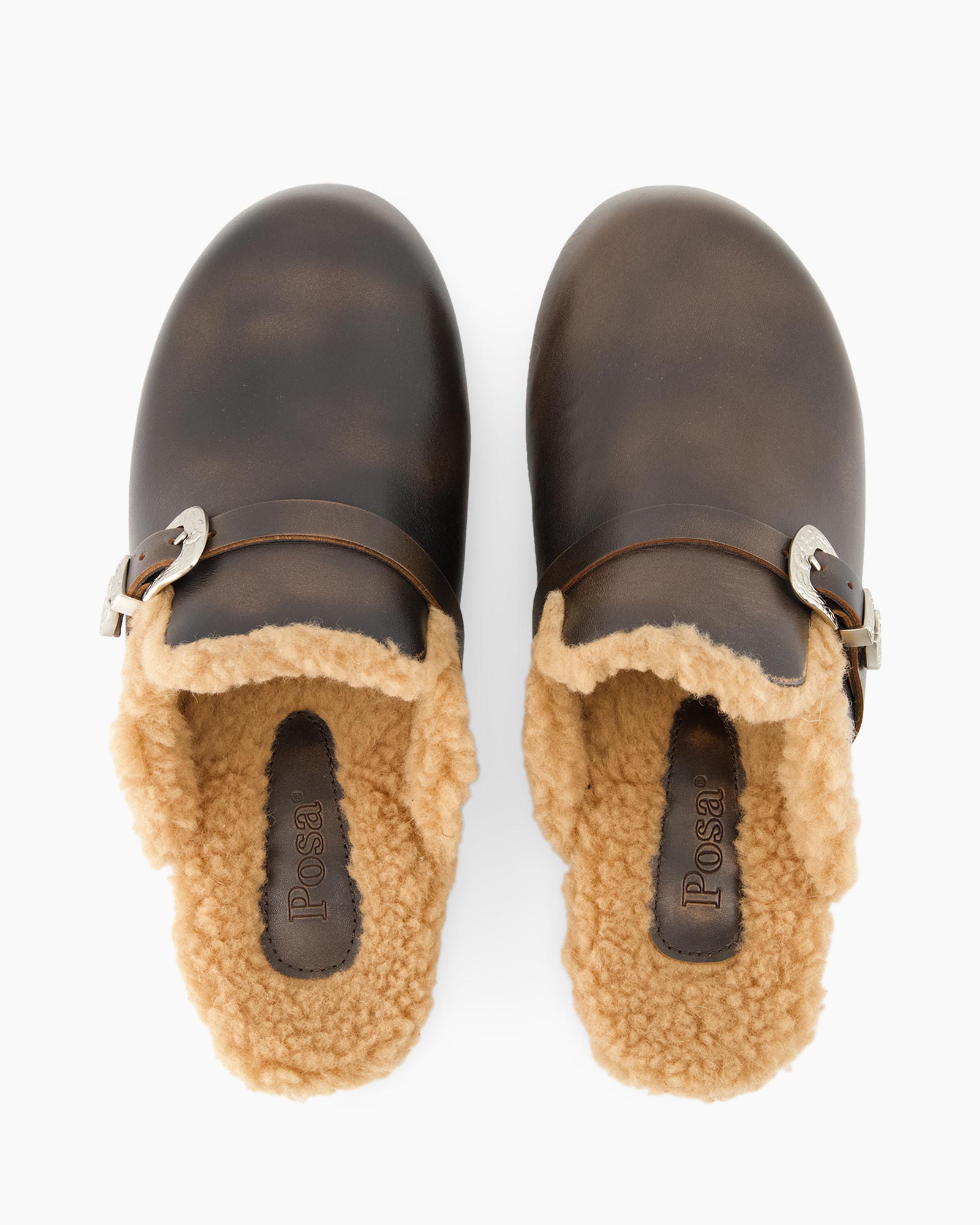 pantoffels, mules, leer, vachtvoering, gesp