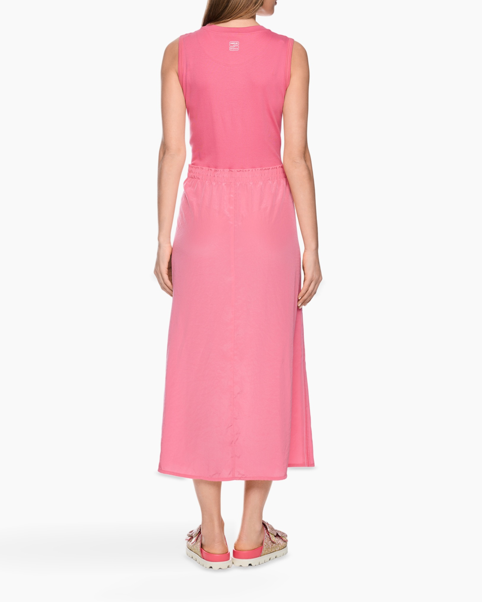 jurk, maxi, roze, mouwloos, trekworstelling