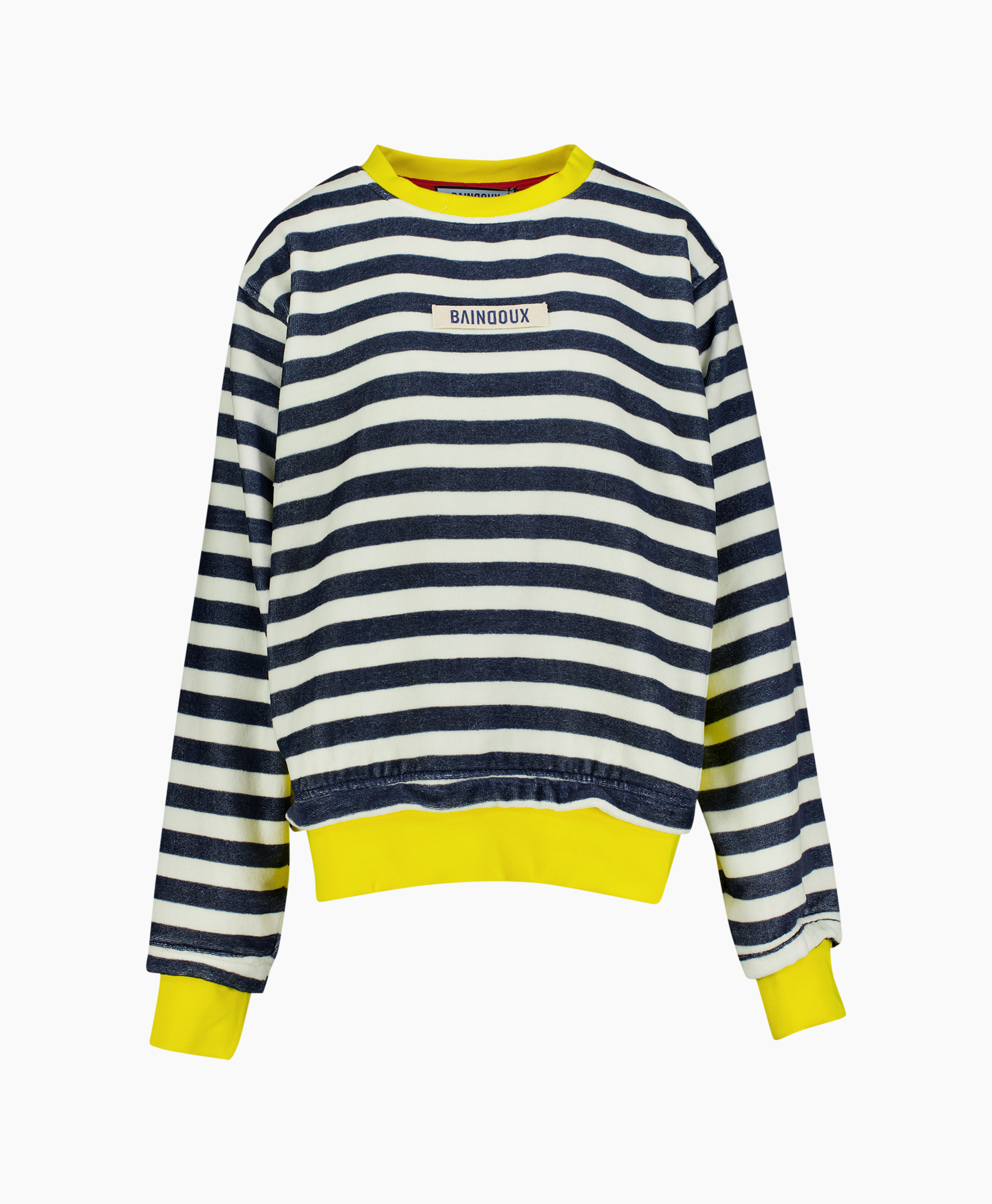 gemaakte, navy-wit gestreept, bontkraag?, gele accent, lange mouw