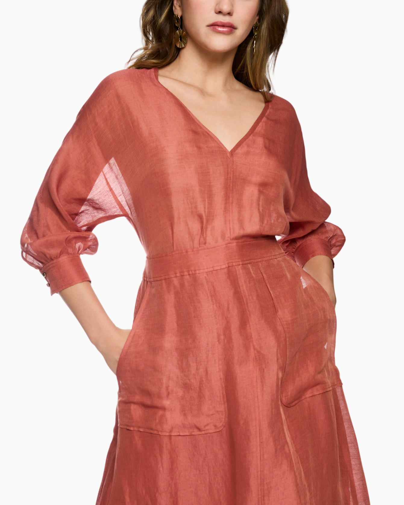 linen, dress, rust, v-neck, pockets