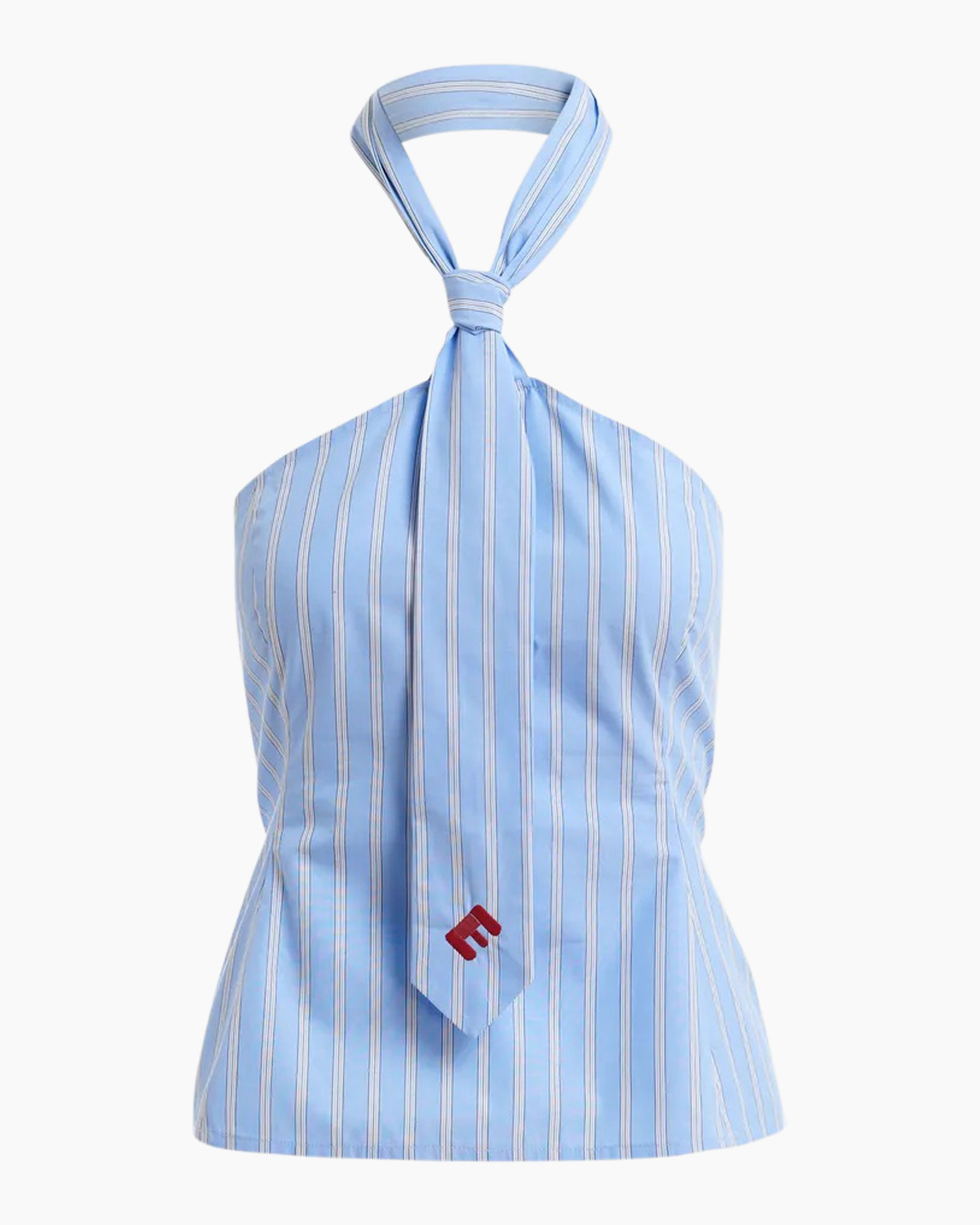 blauw gestreepte blouse, kiest, halter, gestreept patroon, kraagloze top