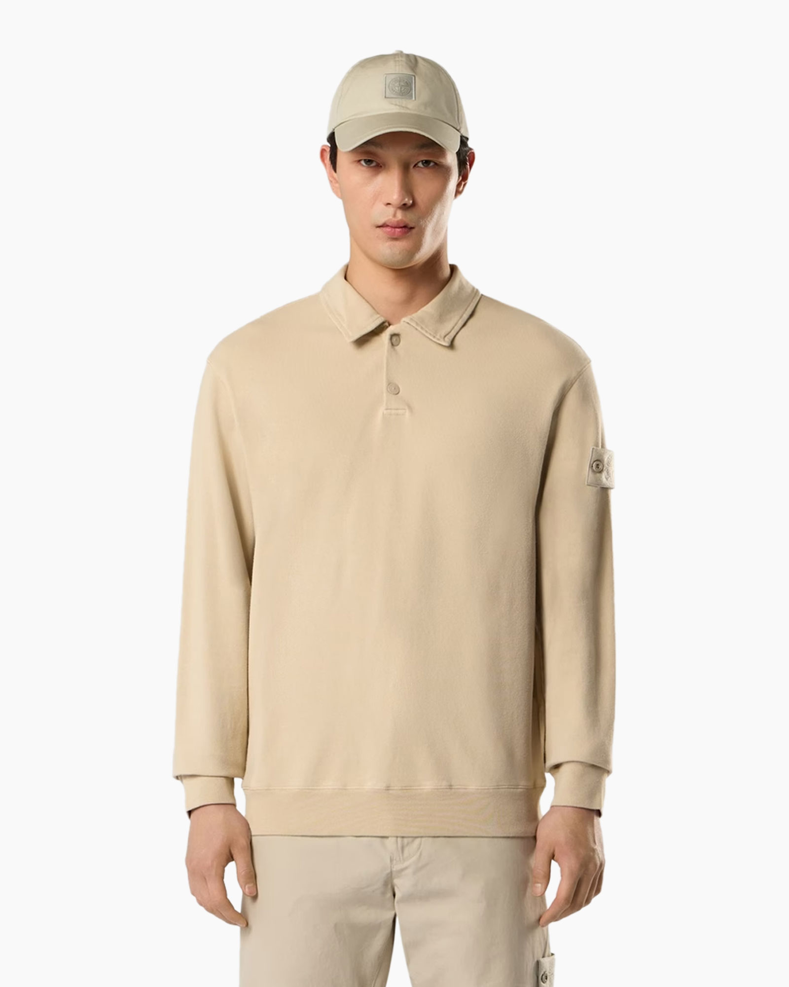 hoodie, langes mouwen, beige, kraagloze polo, baseballpet