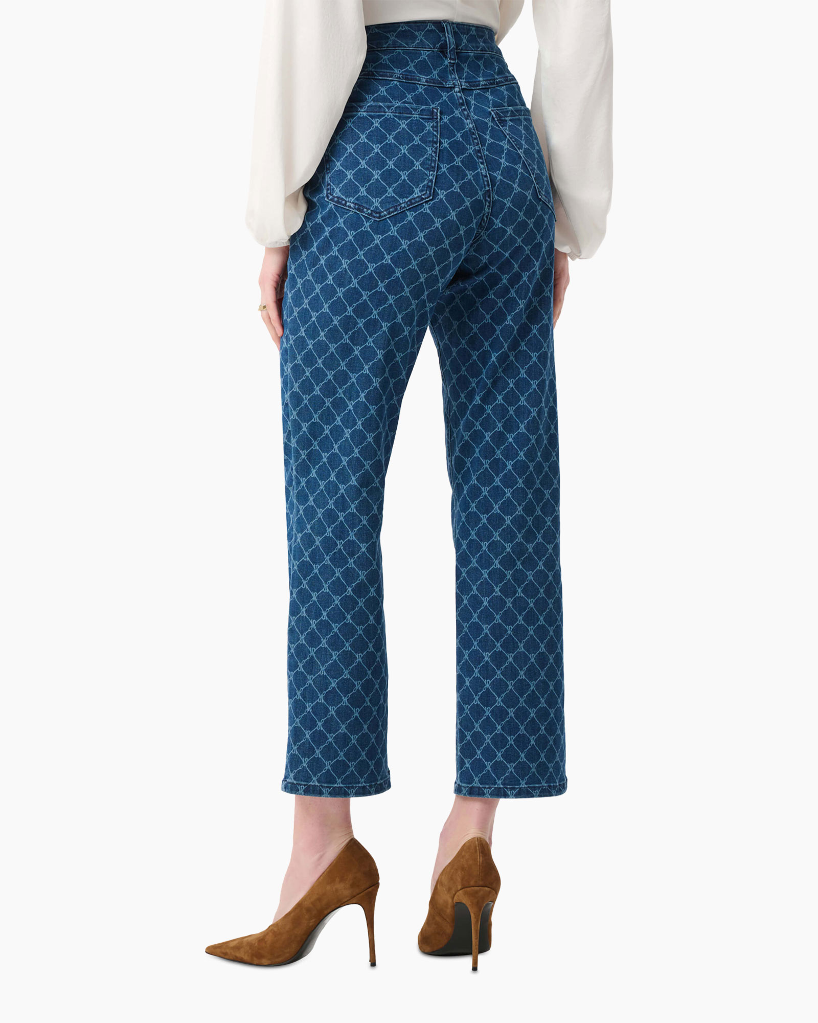 spijkerbroek, wijd uitlopende pasvorm, hoge taille, blauw patroon, denim