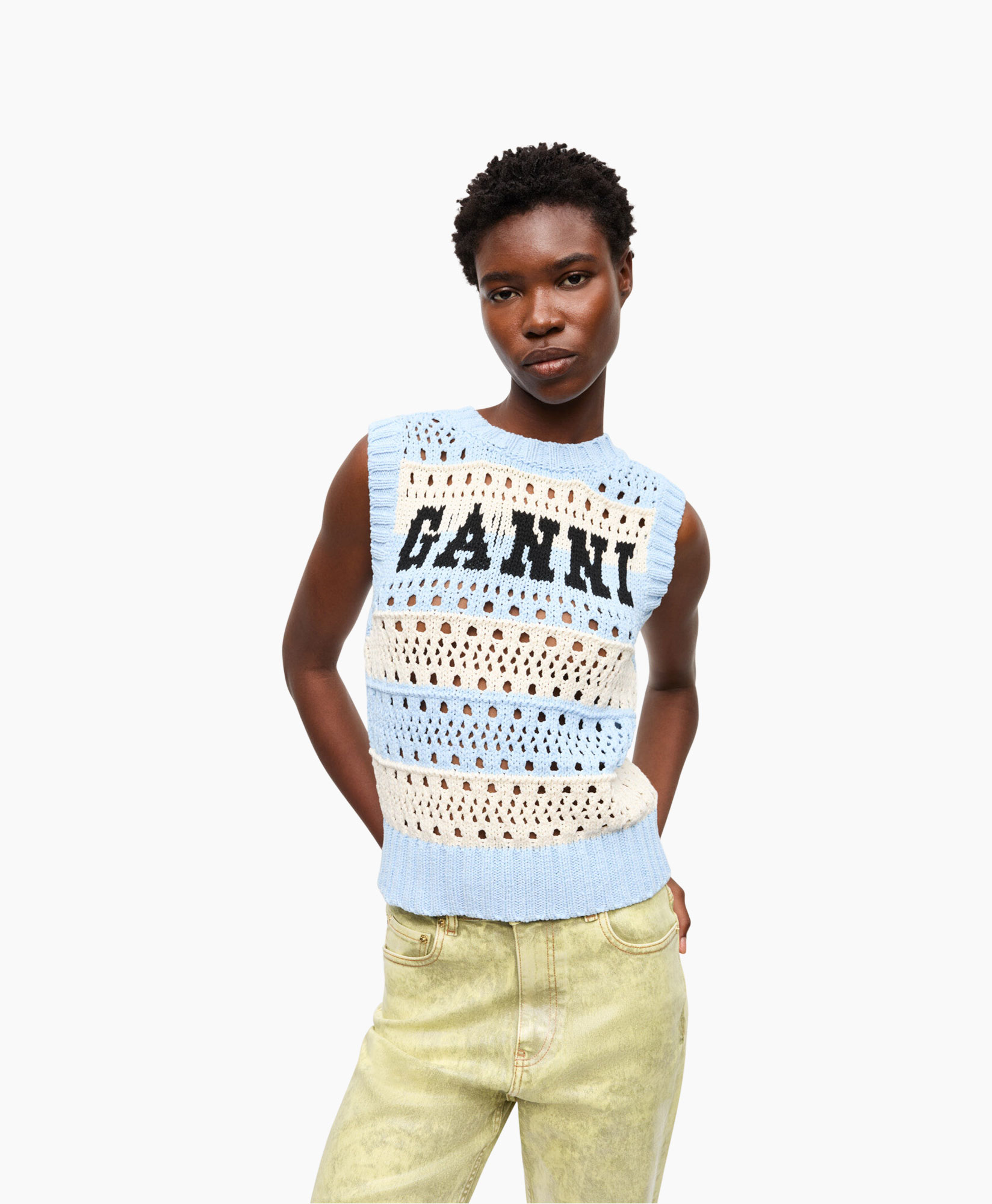 Vest Cotton Mix Striped Licht Blauw