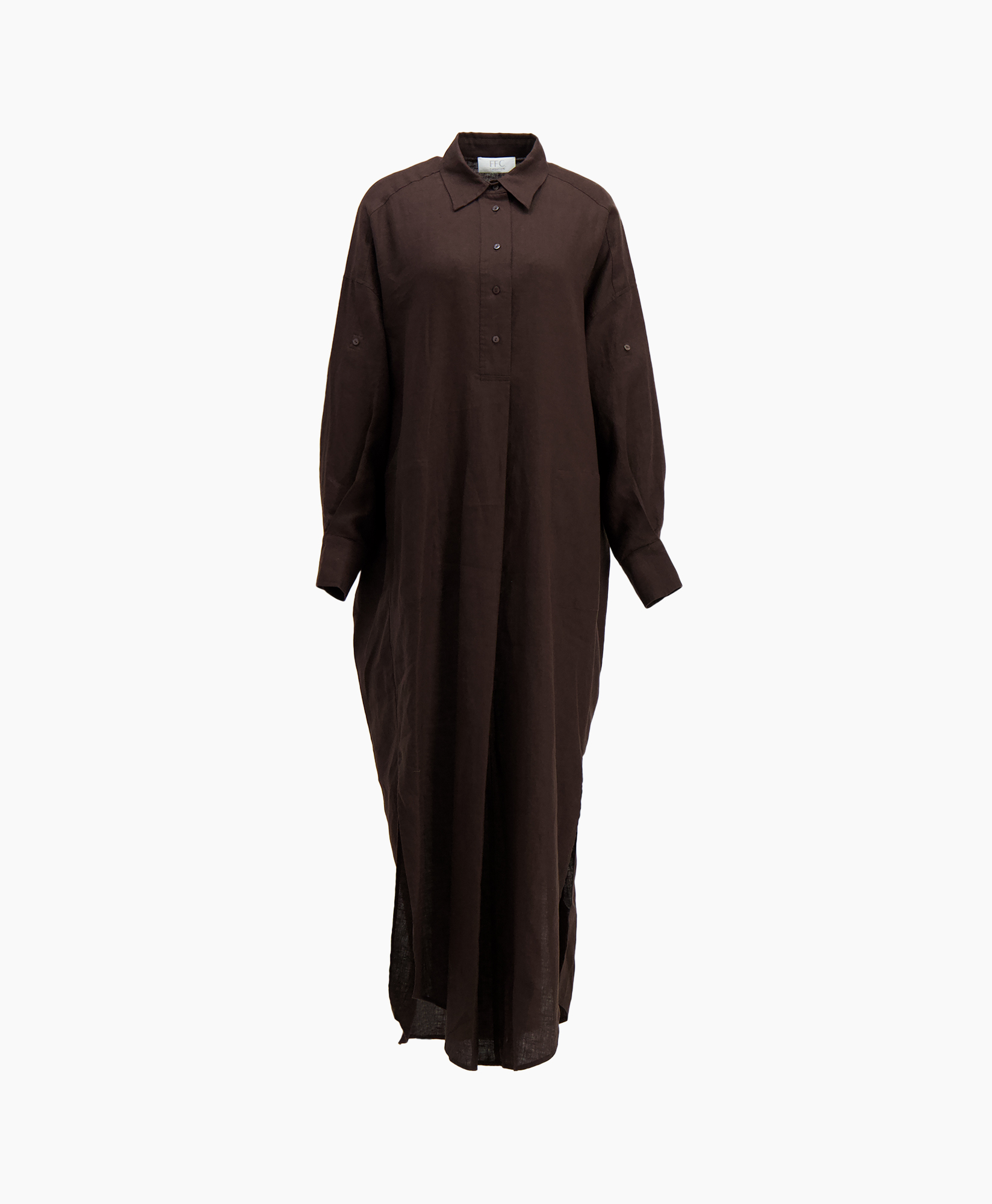 dress, shirt-dress, brown, long-sleeve, buttoned