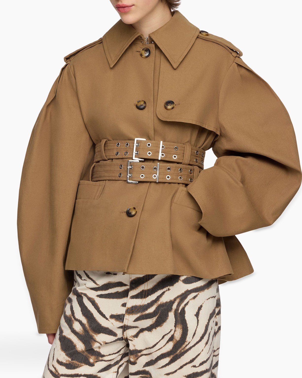 trench, ceintuur, karamel, dubbele rij, epauletten