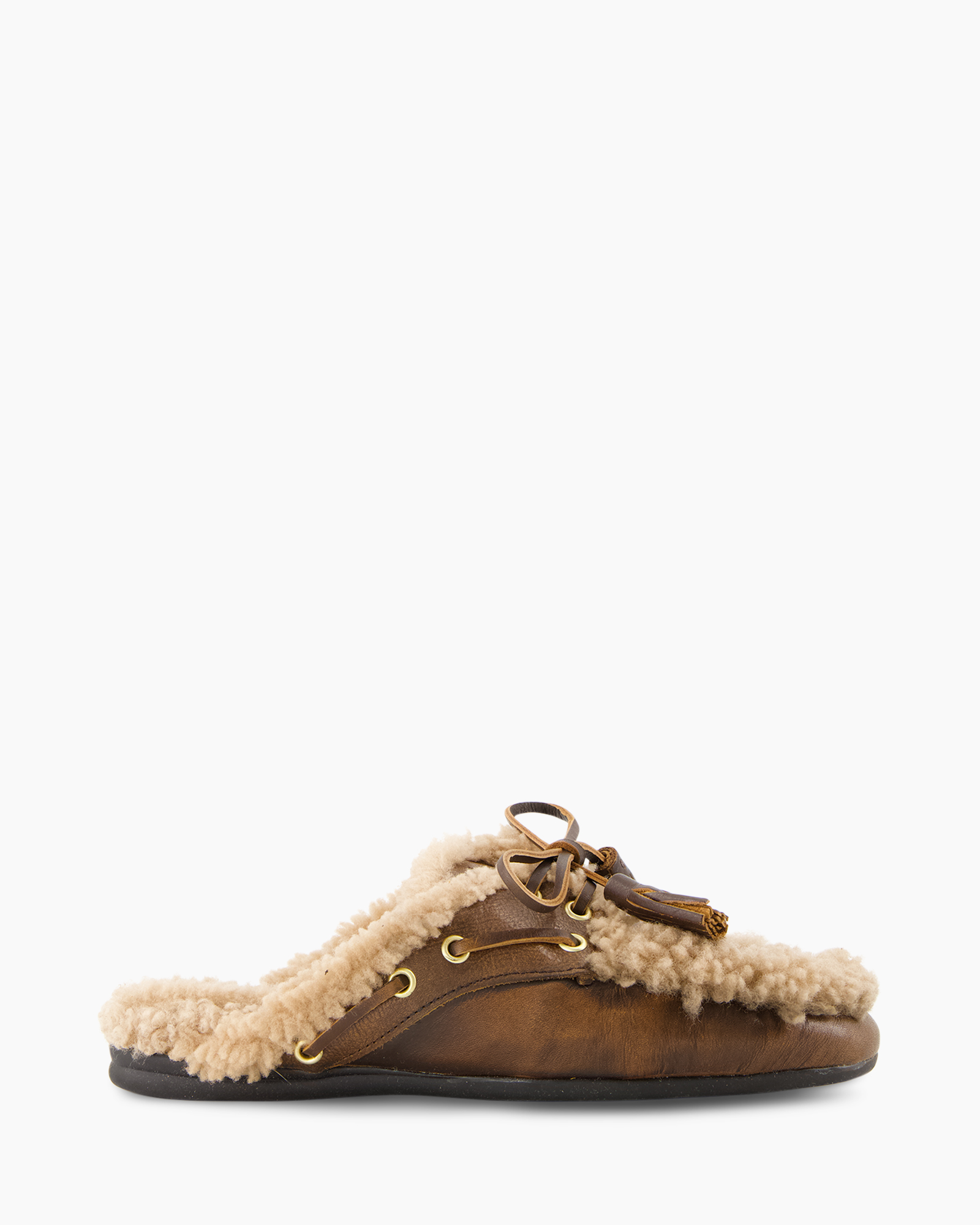 slof, mocassin, schapenwol?, leer, bruin