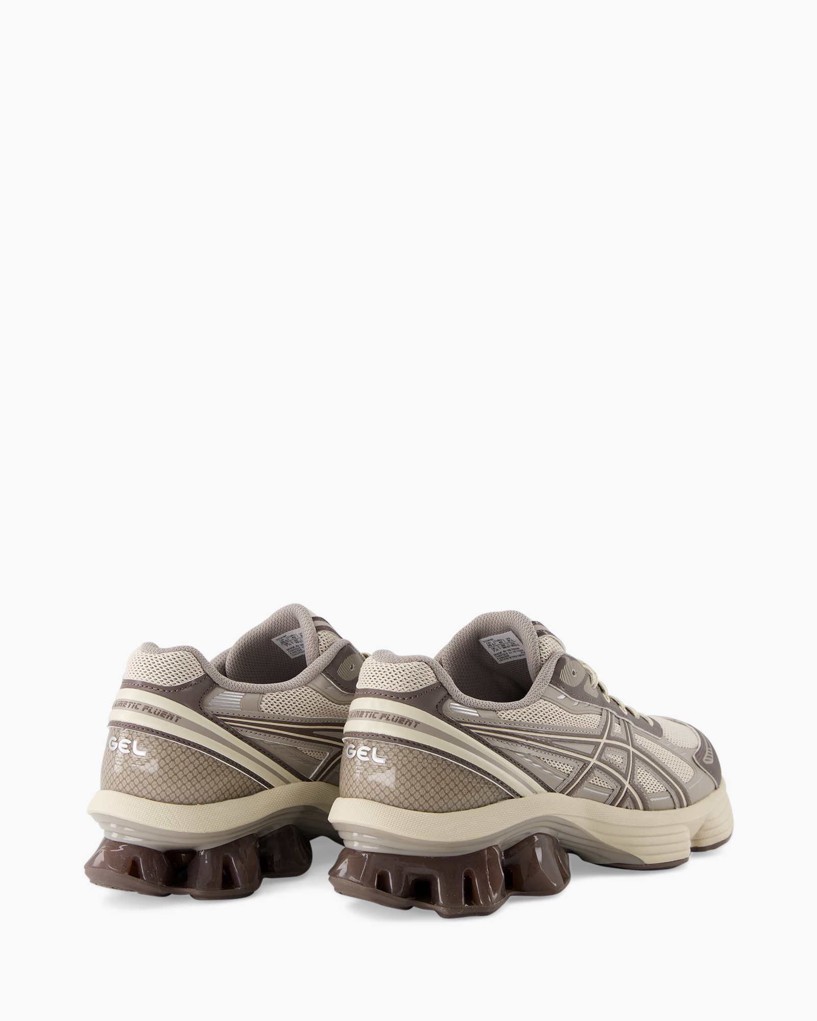 hardloopschoenen, gel demping, mesh bovenwerk, beige bruin, zool met noppeltjes