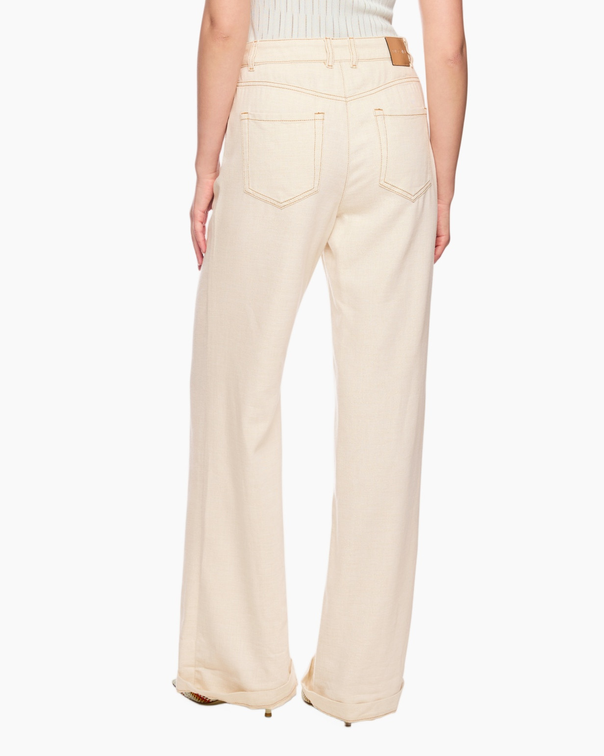 broek, wijd uitlopend, beige, denim-achtig, voorluchtzakken