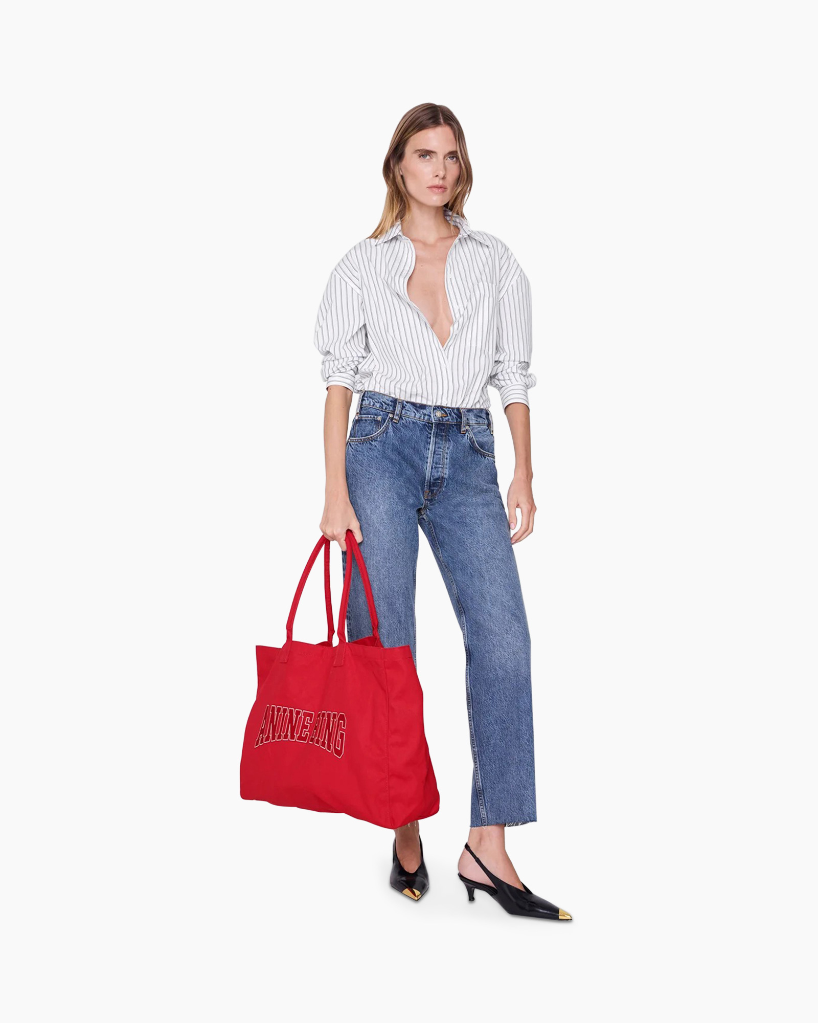 hemd met strepen, blouse met knopen, top, blauwe jeans, rode tas