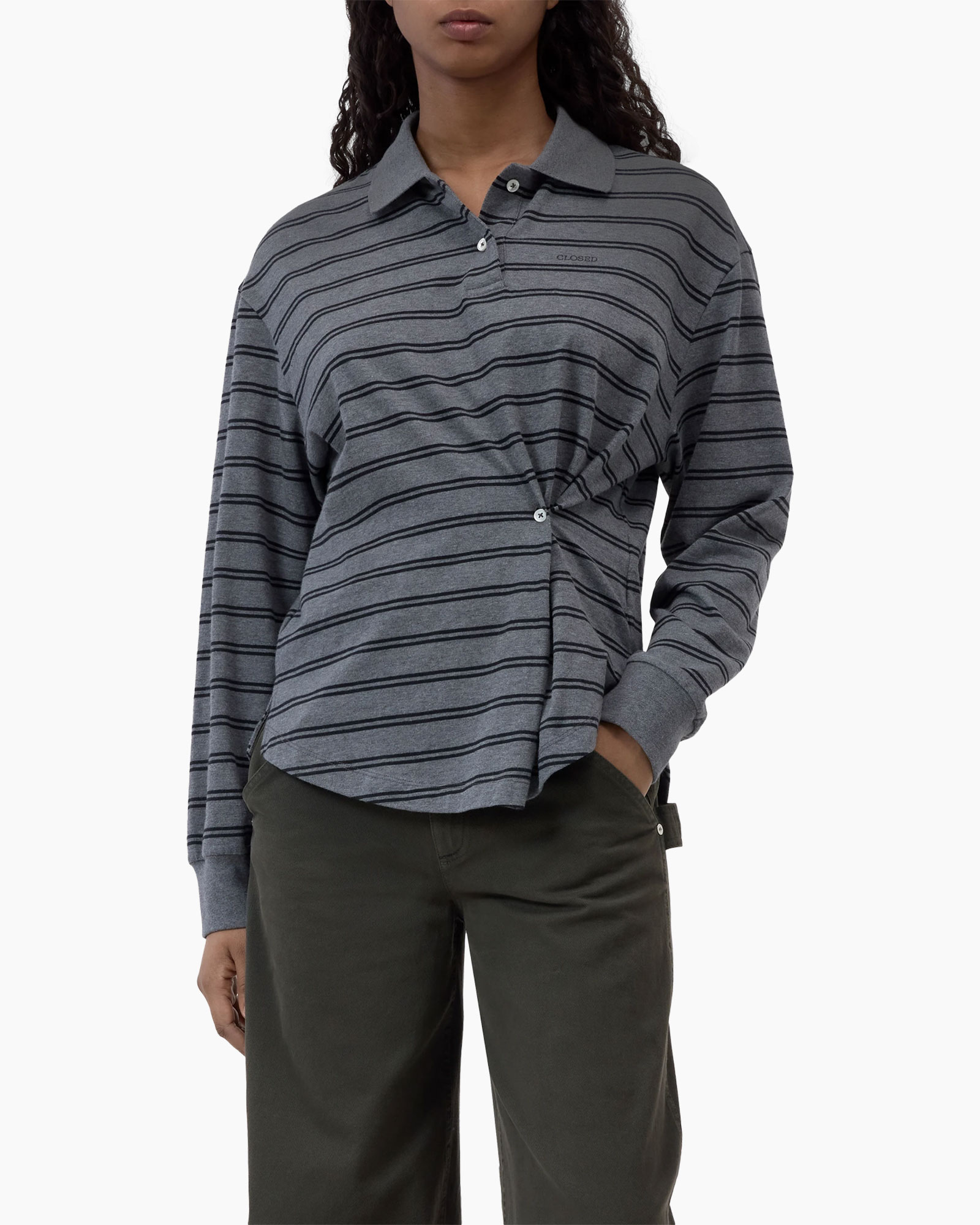 gepPatterned polo, langer mouw polo, breipolo, grijs gestreept, casual top