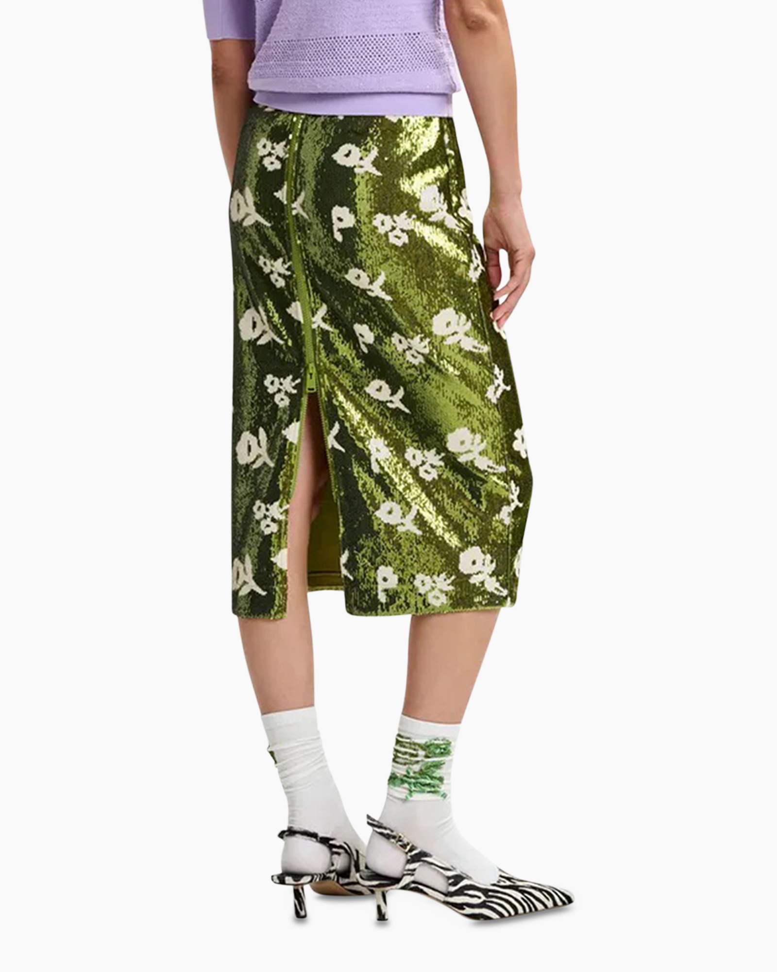 rok, middellange rok, groene bloemendesign, scheur/opening, patroonstof