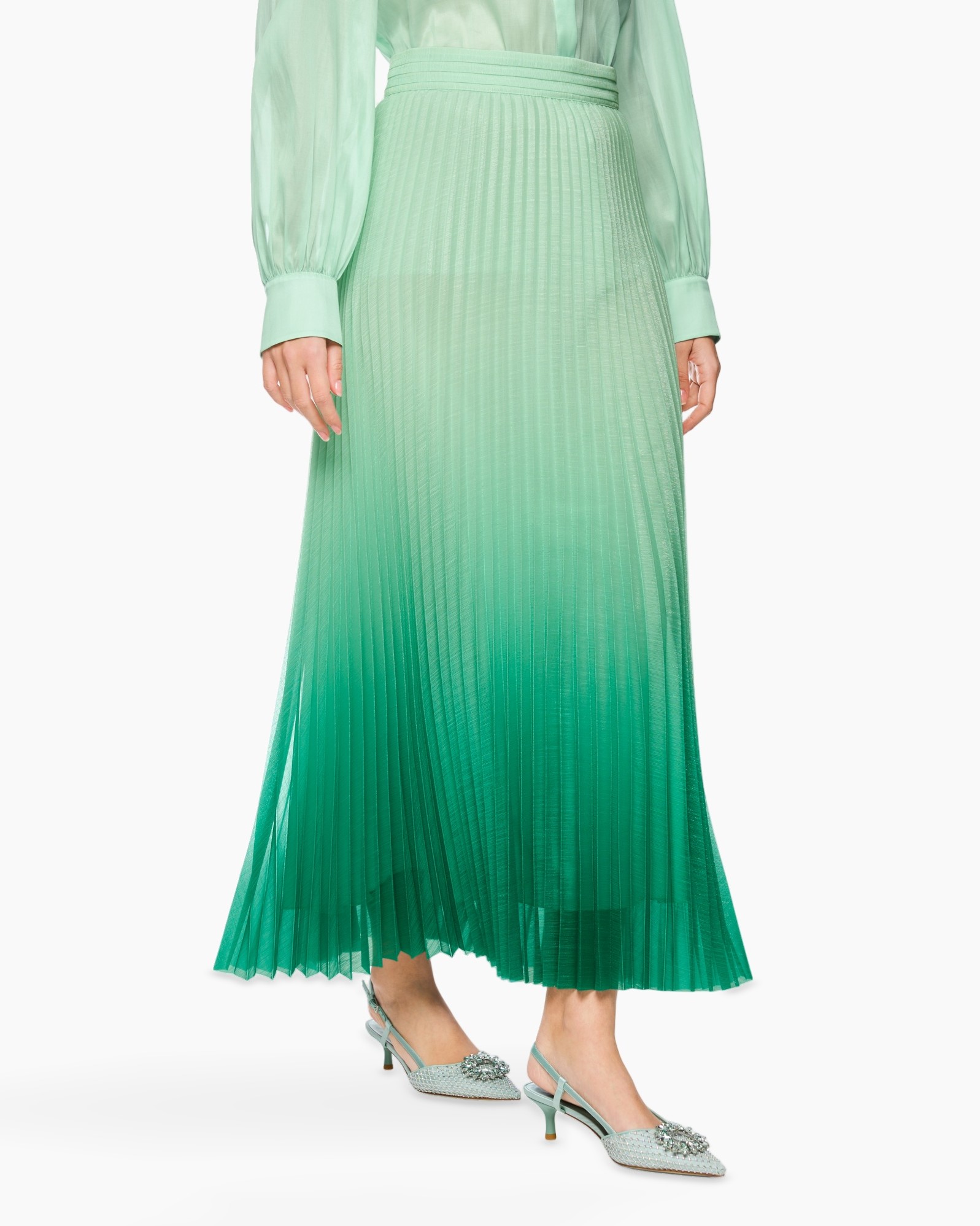 plissé, gradiënt, rok, midi, groen