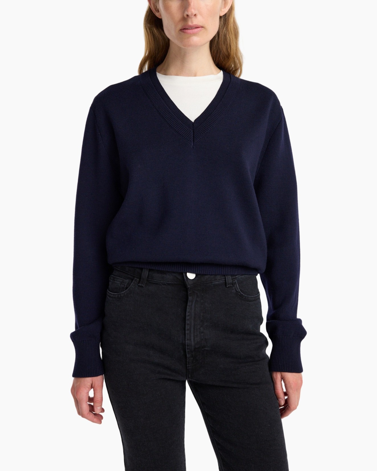 navy trui, v-hals, gebreide top, lange mouwen, pullover