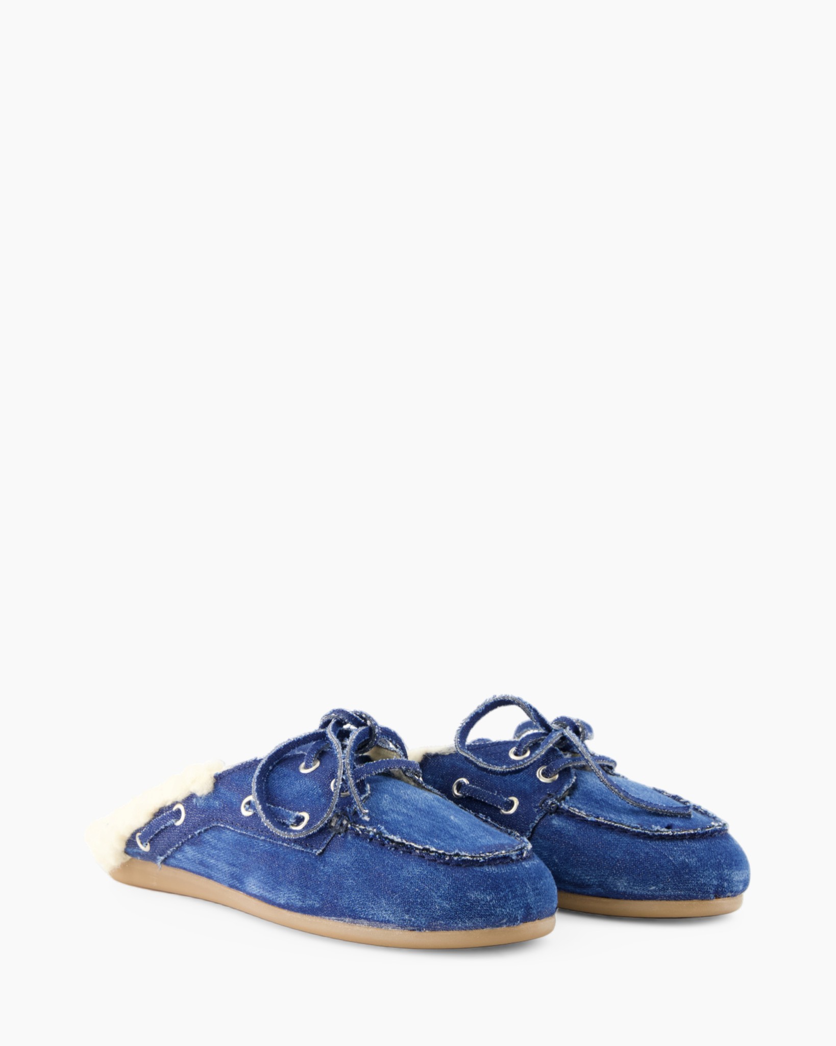 pantoffel, blauwe denim, vetersluiting, voering van imitatiebont, platte zool