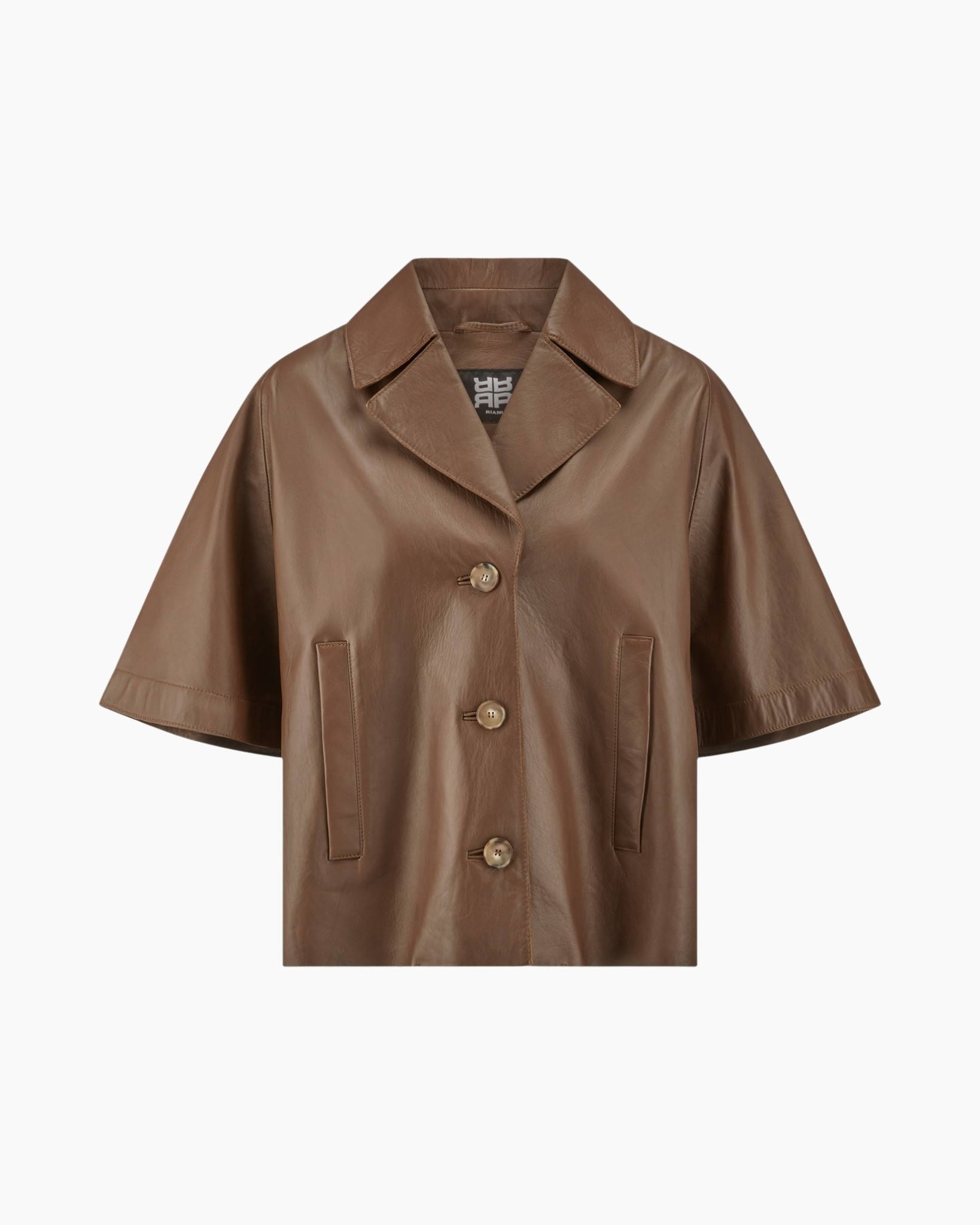 leer, jacket, korte-mouw, bruin, knopen