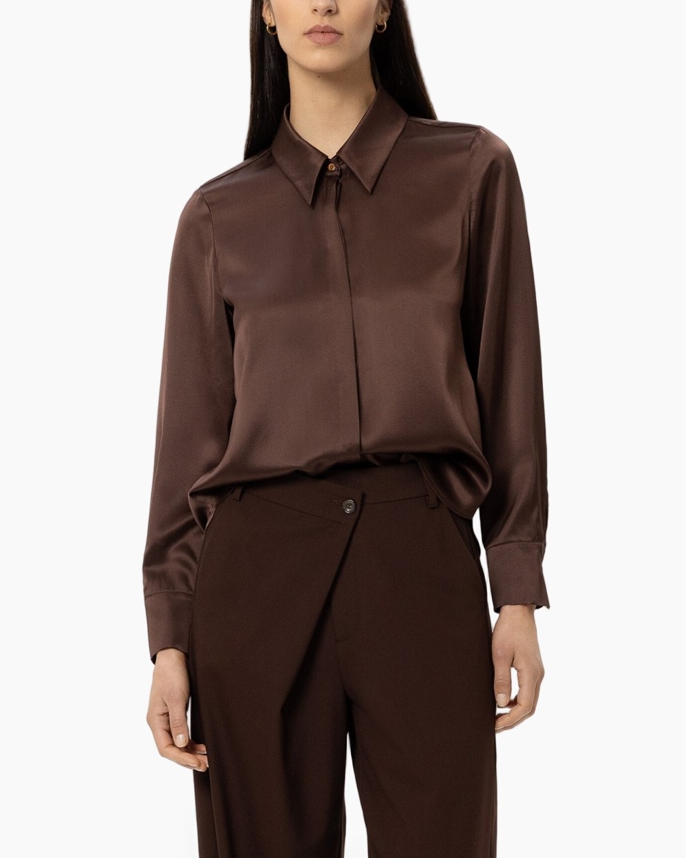 blouse zijden, bruin, lange mouwen, kraag, knopen