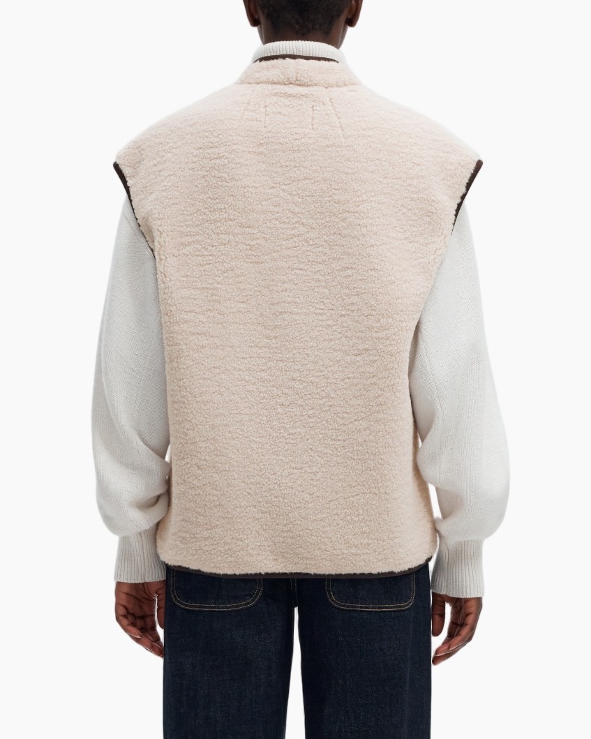 shearling, vest, rits, zakjes, beige