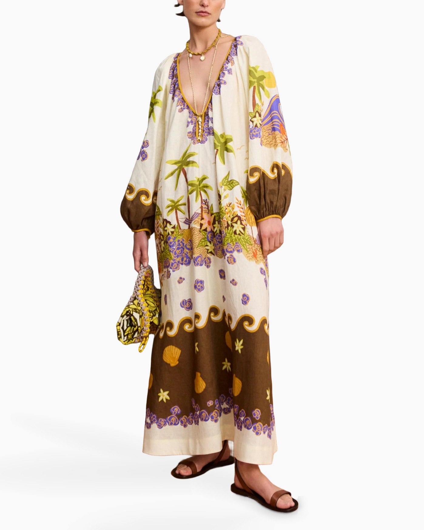 maxi jurk, boho jurk, paisley patroon, lange mouwen, bloemen palm print