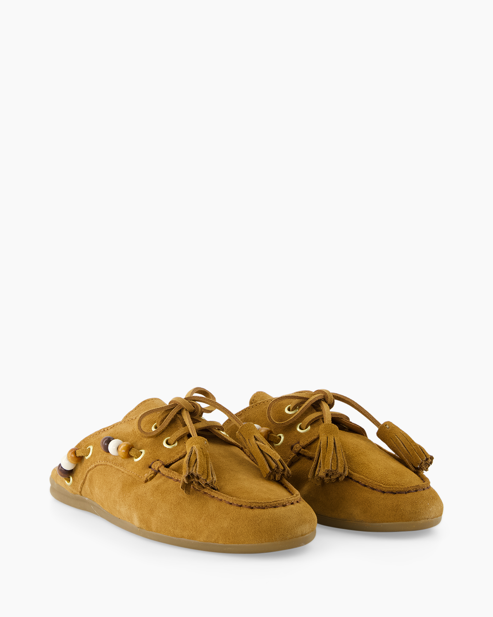 moccassins, slofjes, beadde, suède, bruin