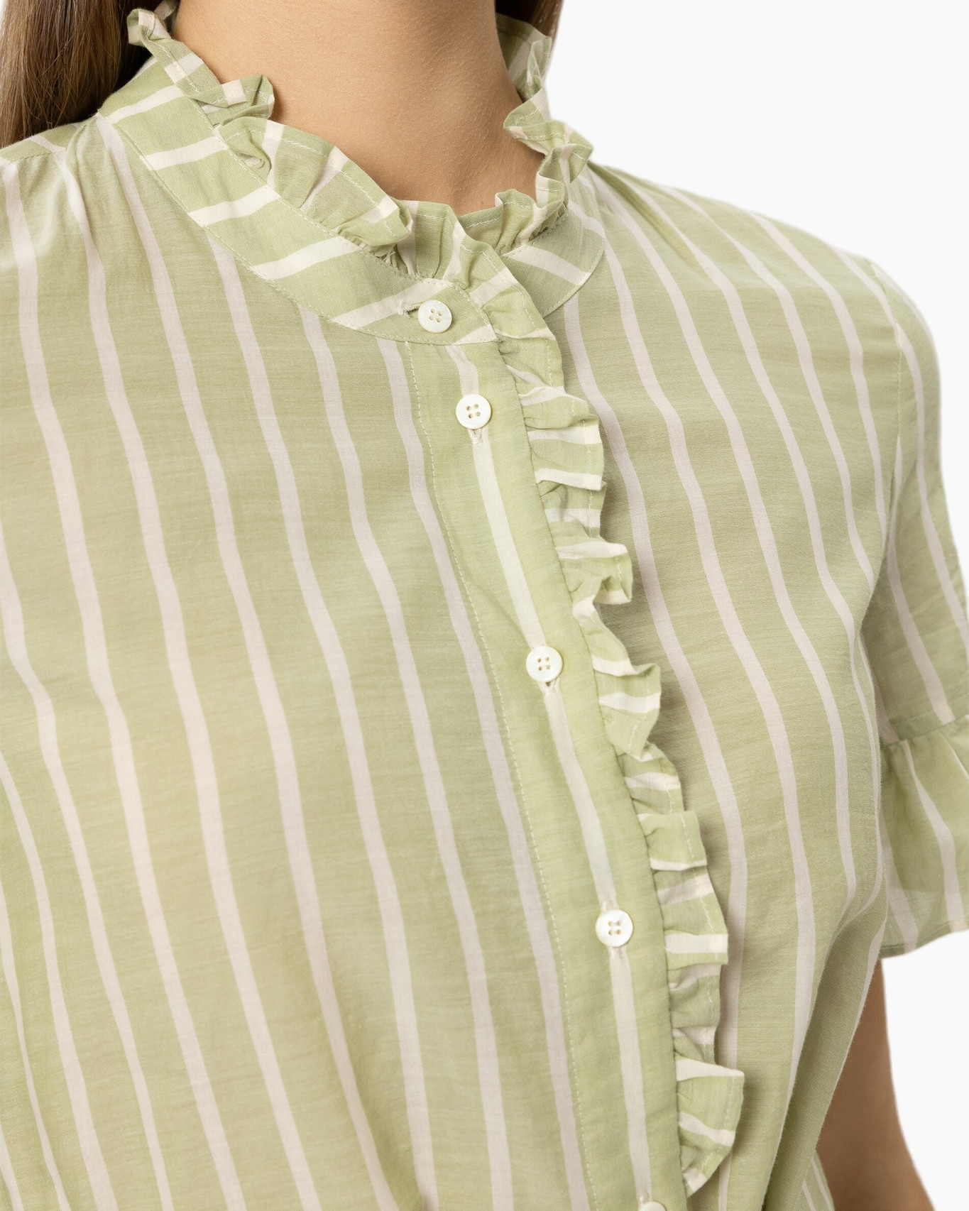 blouse, gestreept, frill, knoopjes, linnenmix