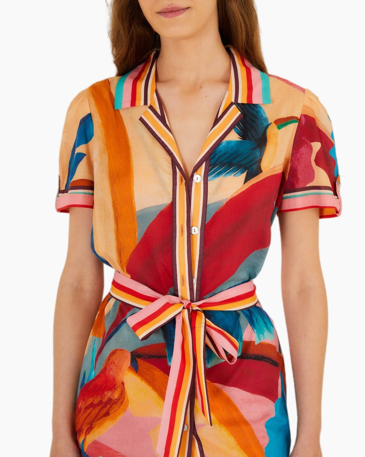 korte mouwen, bedrukt overhemd, kraag, felgekleurde print, gordel/riem