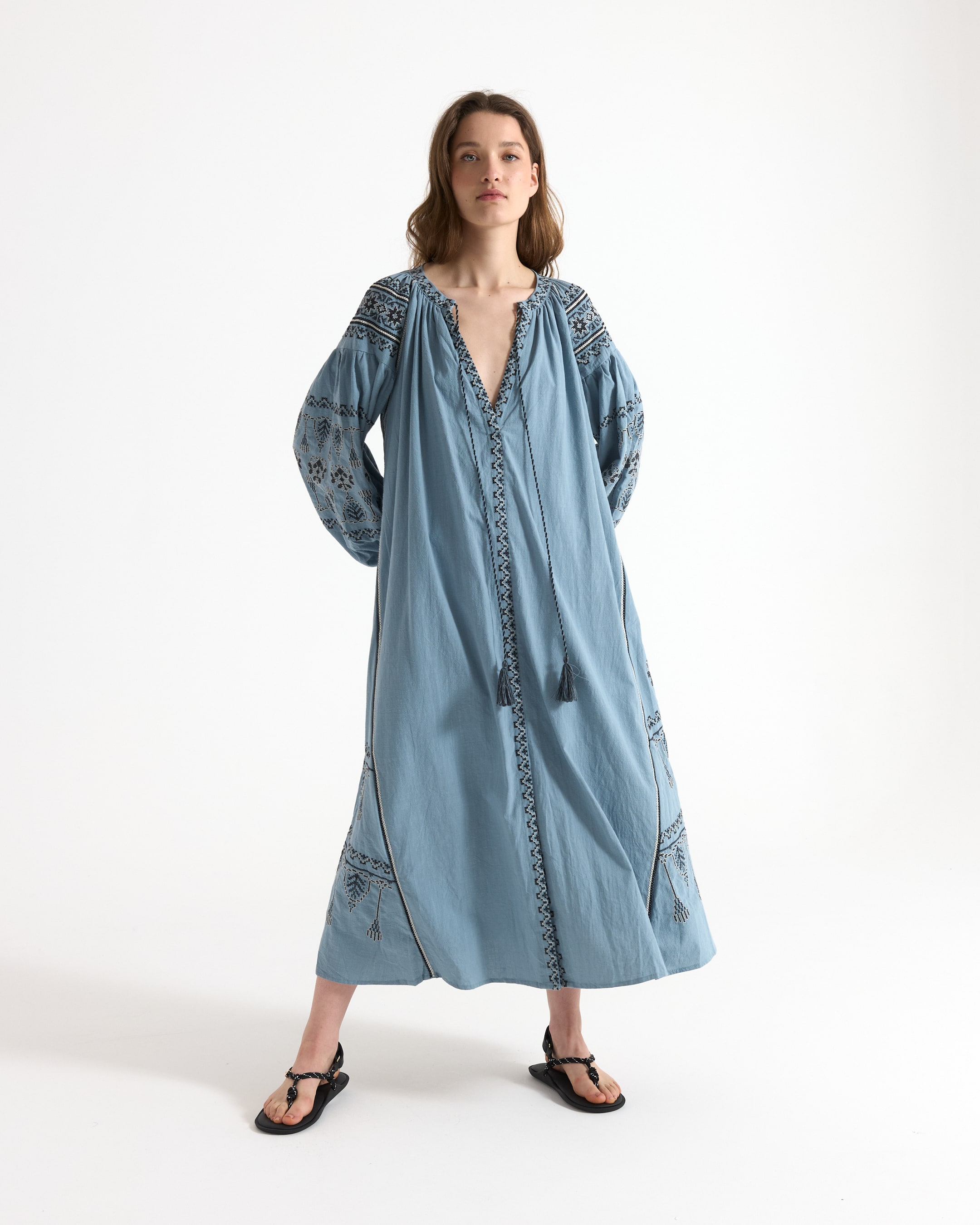 jurk, borduursel, boho, maxi, denimblauw