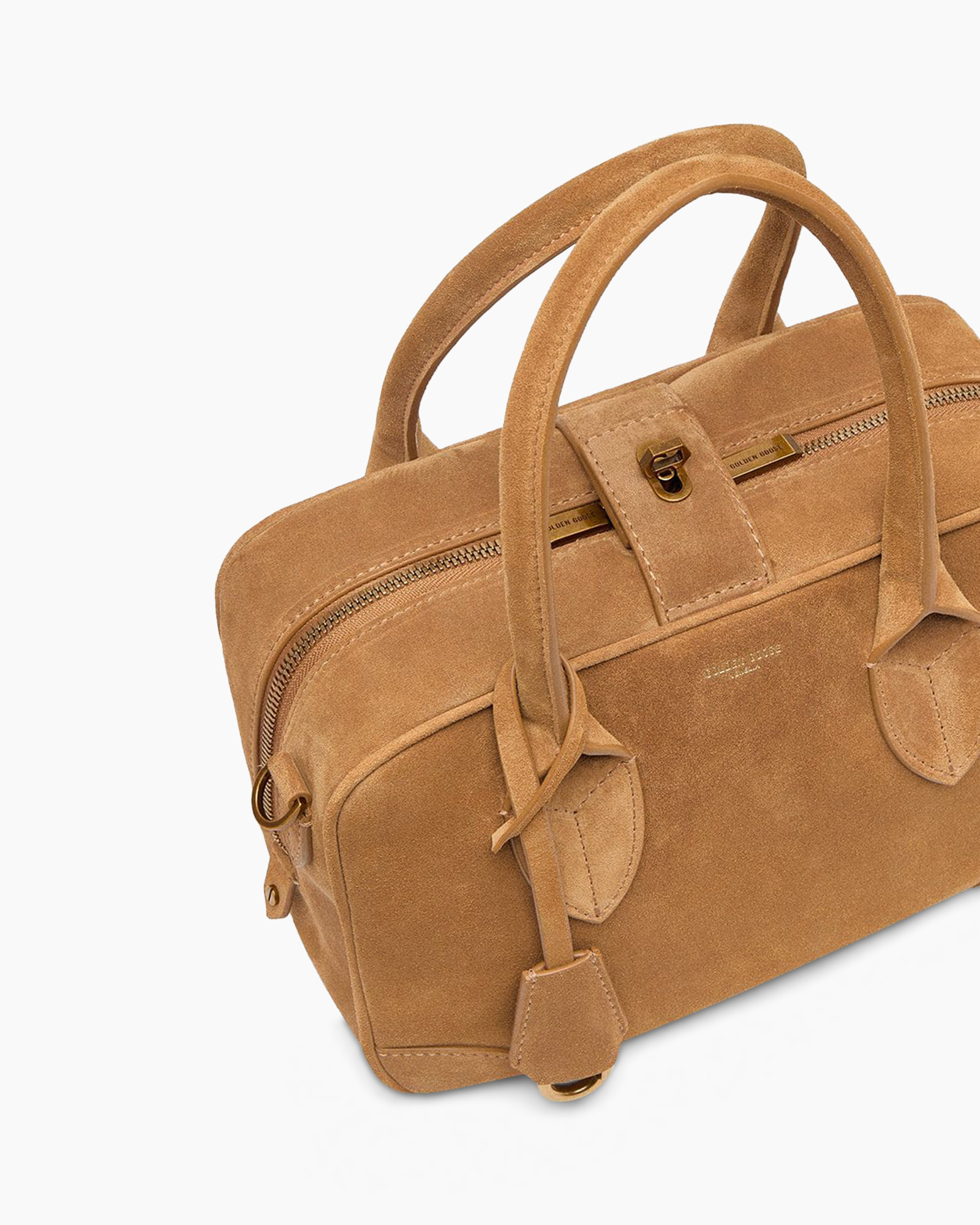 bag, handbag, tan, suede, zipped