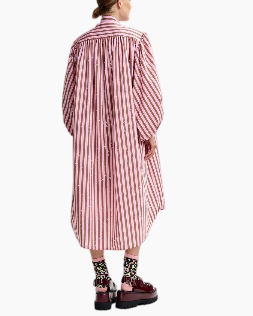 roze jurk, gestreepte jurk, lange mouw, pofmouw, knee-length