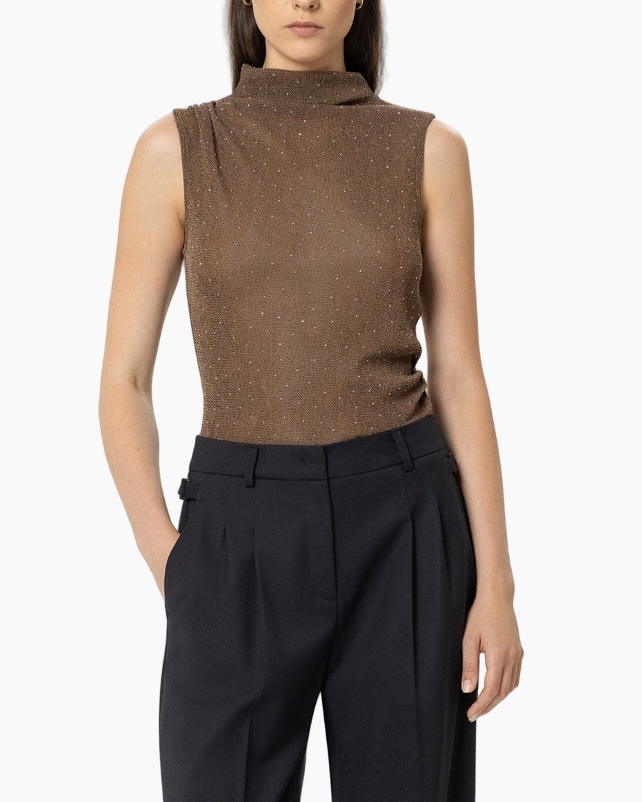 top, tanktop, bruin, geribd, hoge hals