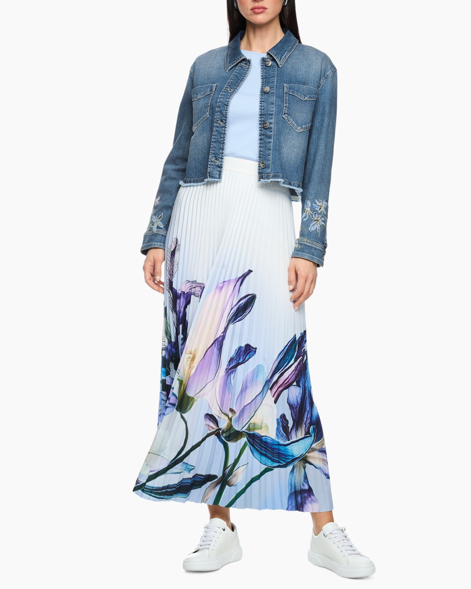 denim jacket, embroidery, floral print, pleated skirt, white sneakers