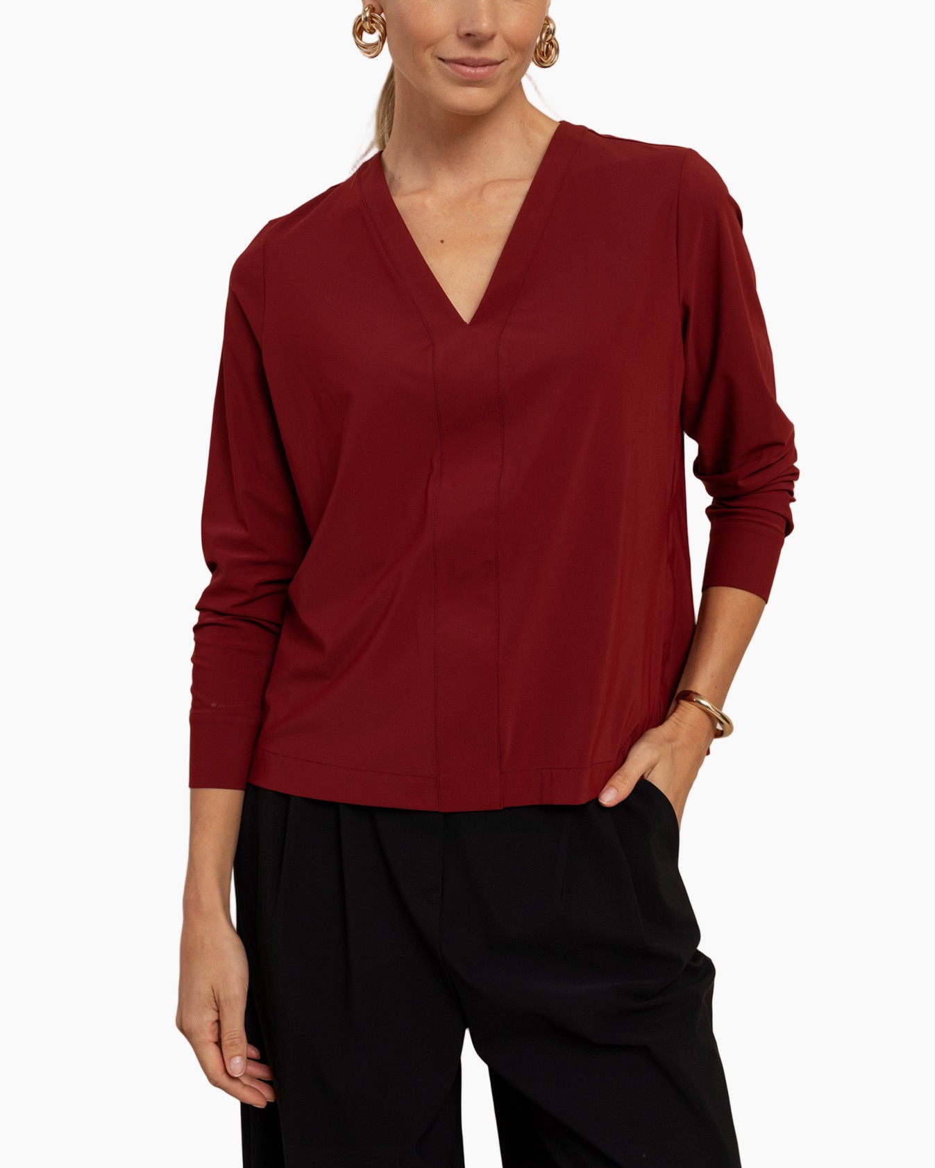 top, v-nek, rood, lange mouwen, blouse