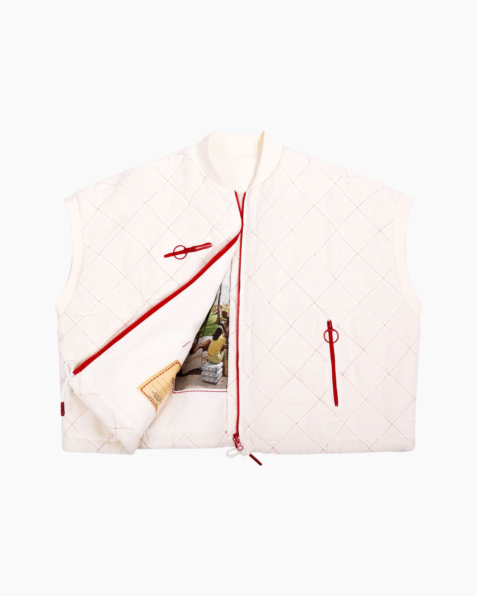 Quilted,  Vest,  White,  Red zipper,  Pocket zip