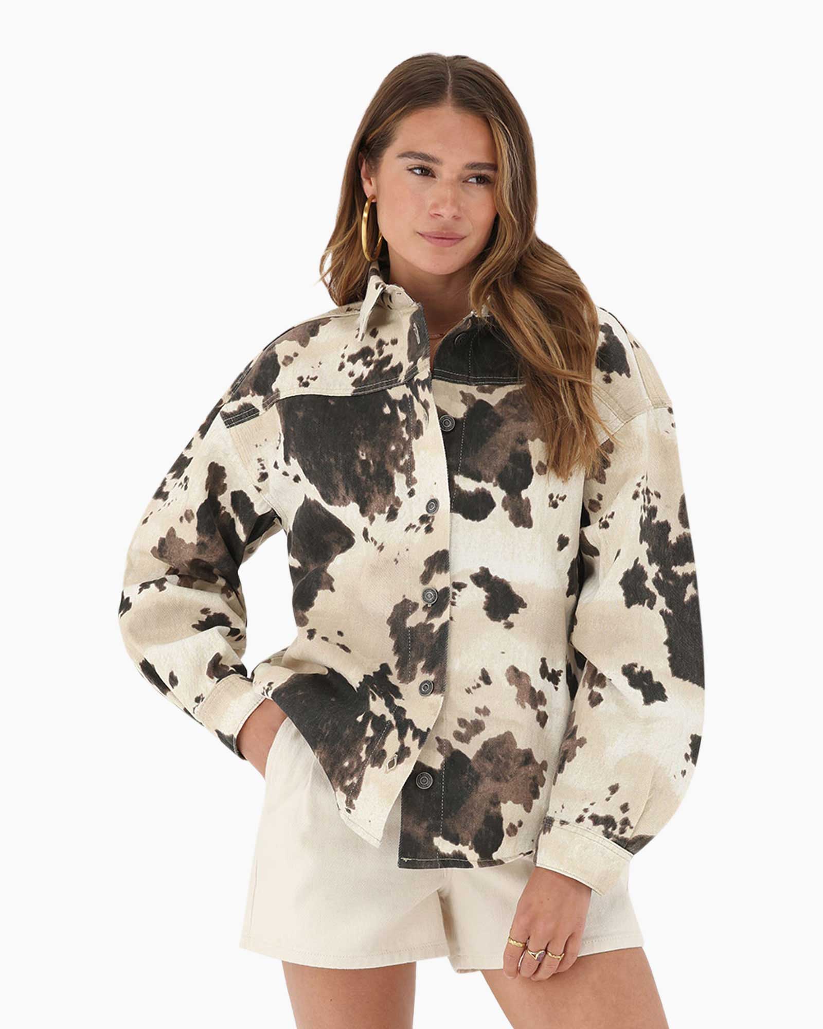 Top Cow Print Denim Oversized Blouse Bruin